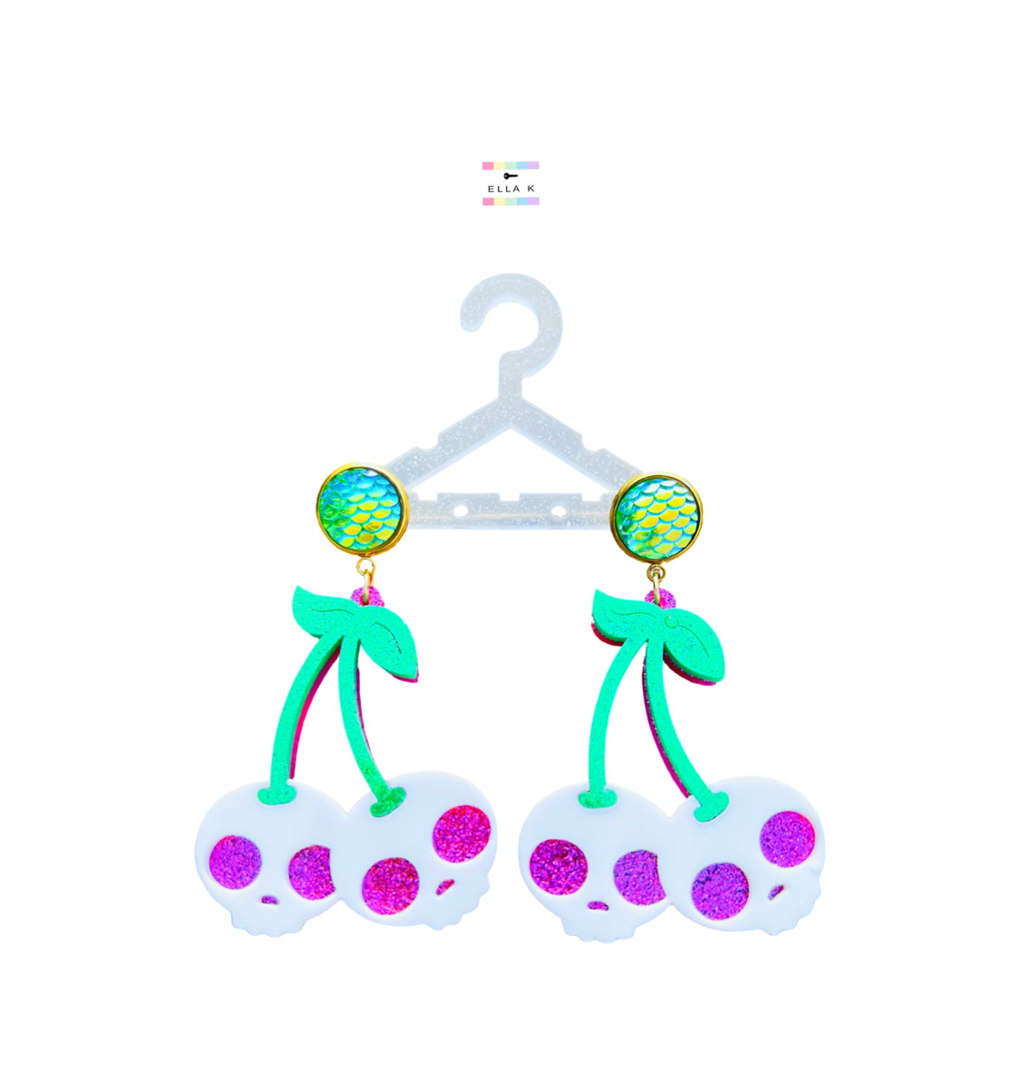 Cherry Sugar Skull Mermaid Scale Earrings