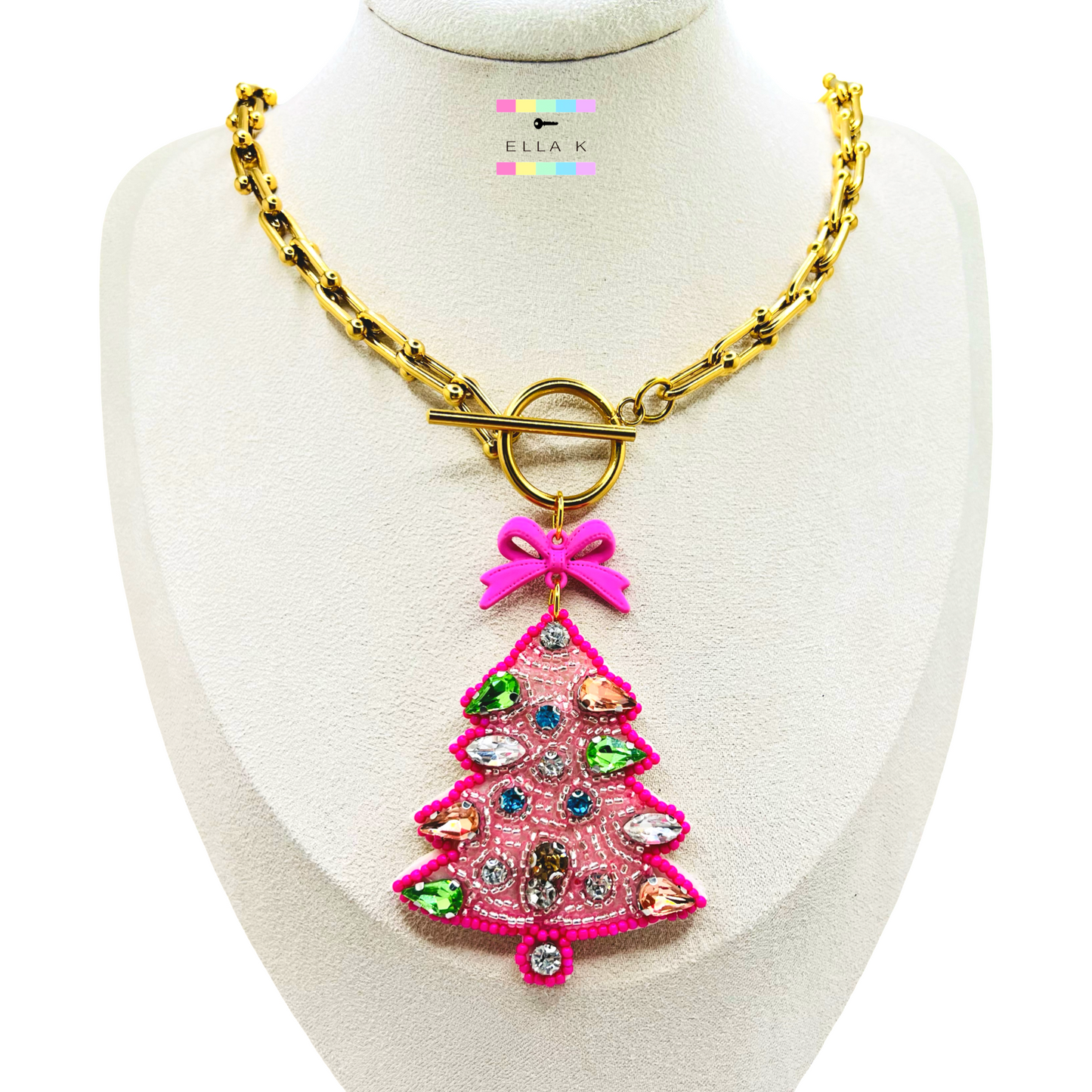 Pink Christmas Tree Horseshoe Chain Necklace