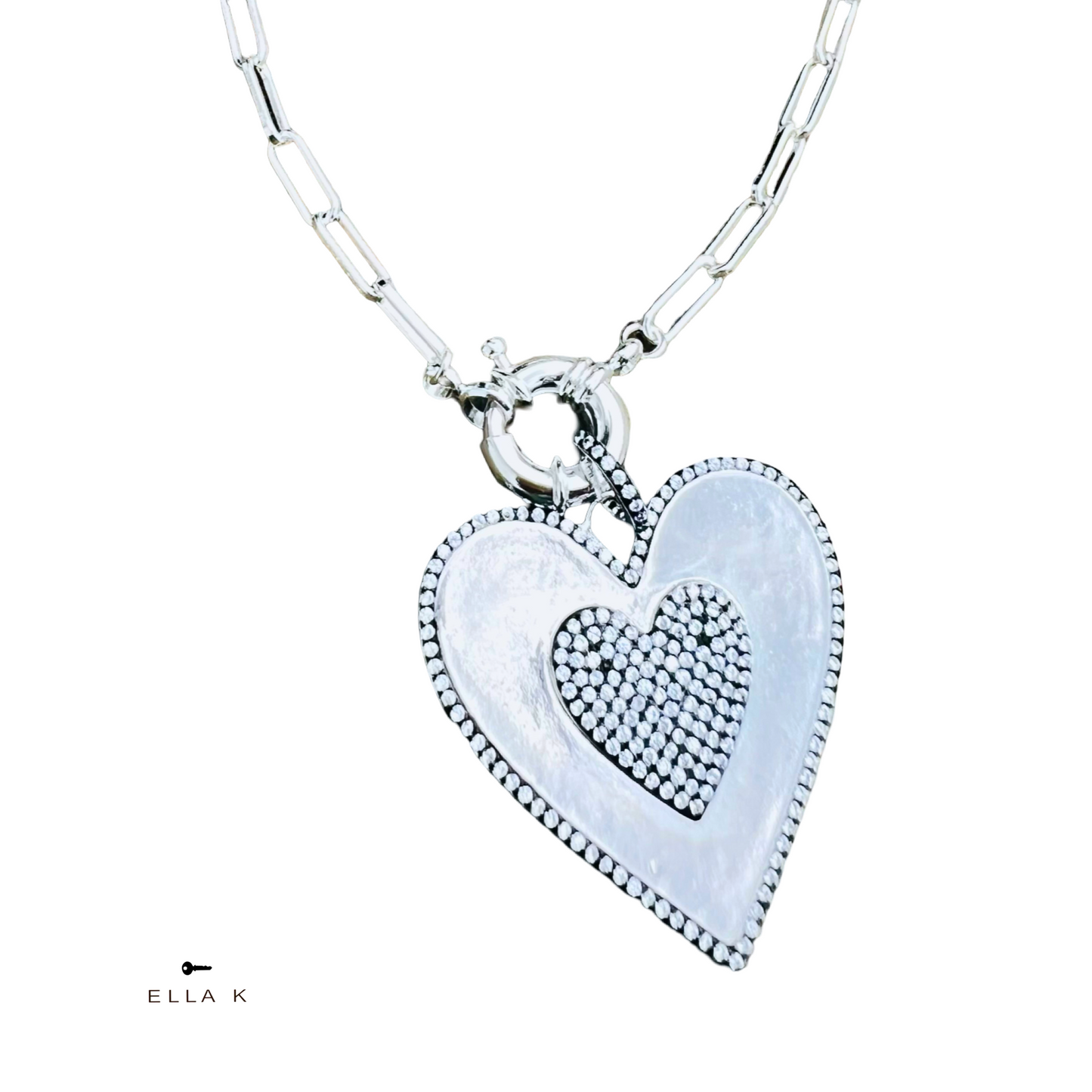 Micro Pave Silver Heart Paperclip Necklace