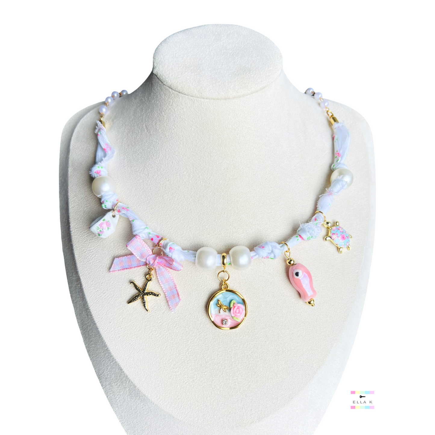 Coquette Garden Mermaid Tea Party Floral Fabric Charm Necklace