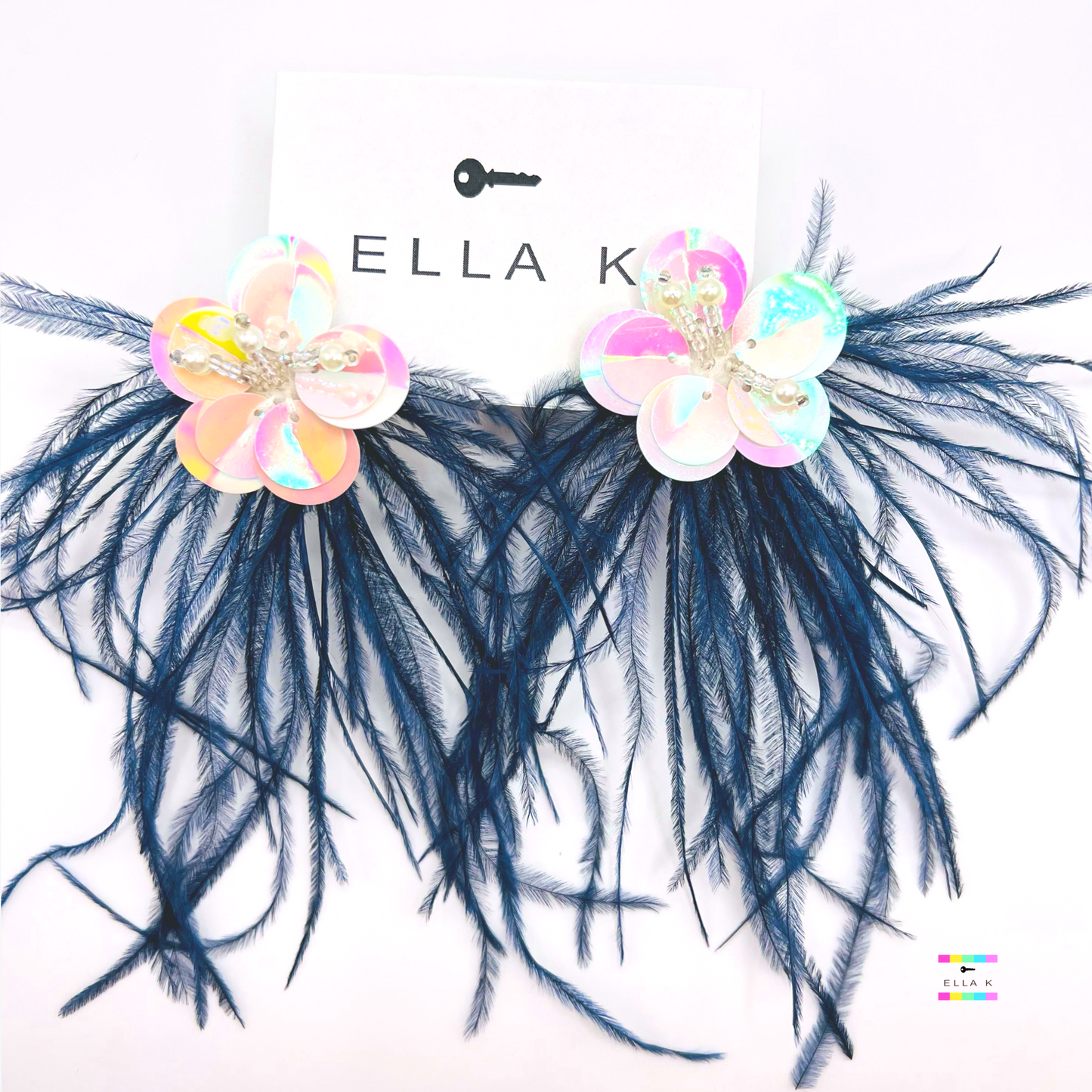 Navy Flower Feather Earrings
