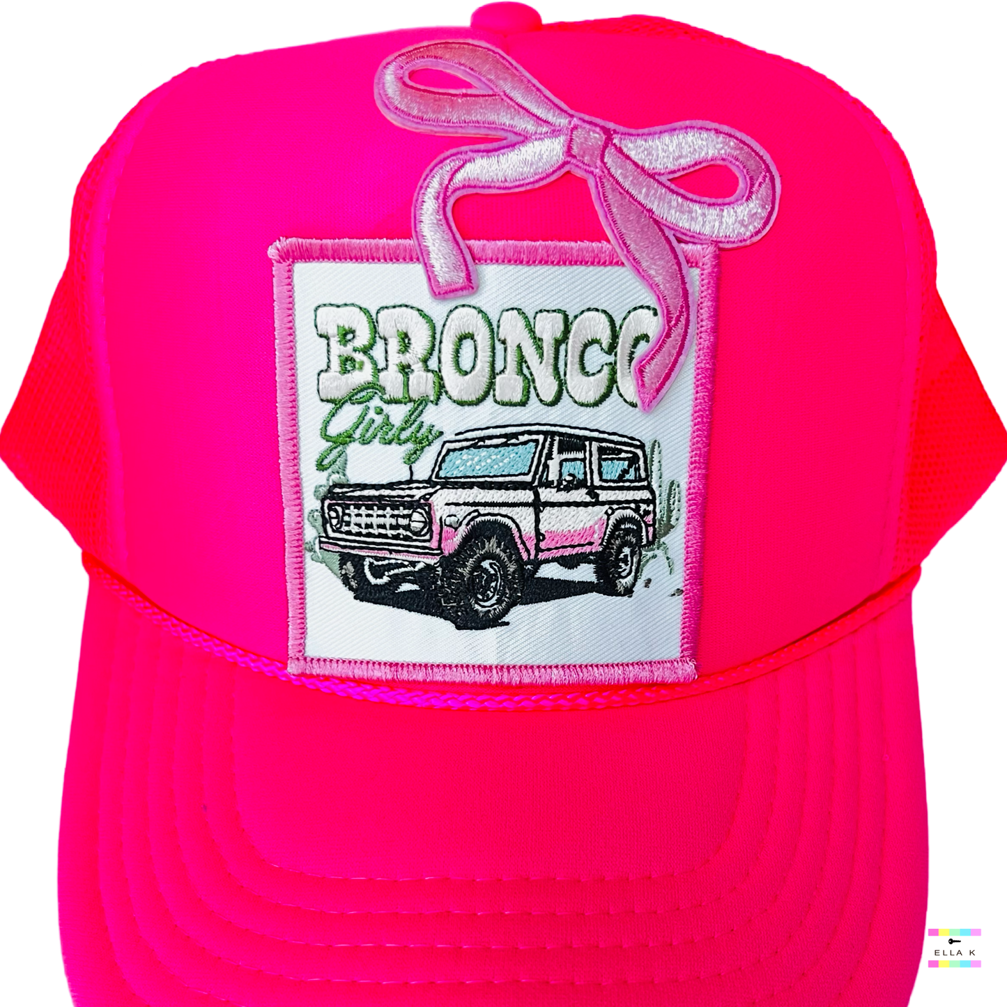 Bronco Girly Coquette Bow Neon Pink Trucker Hat