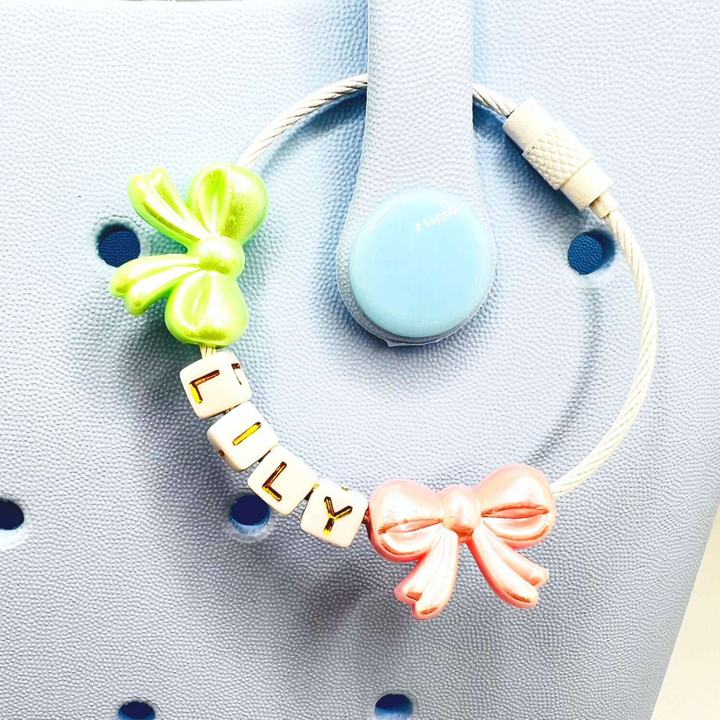 Custom Name Coquette Bow Cable Ring Loop Bag Charm / Bag Charm Extender