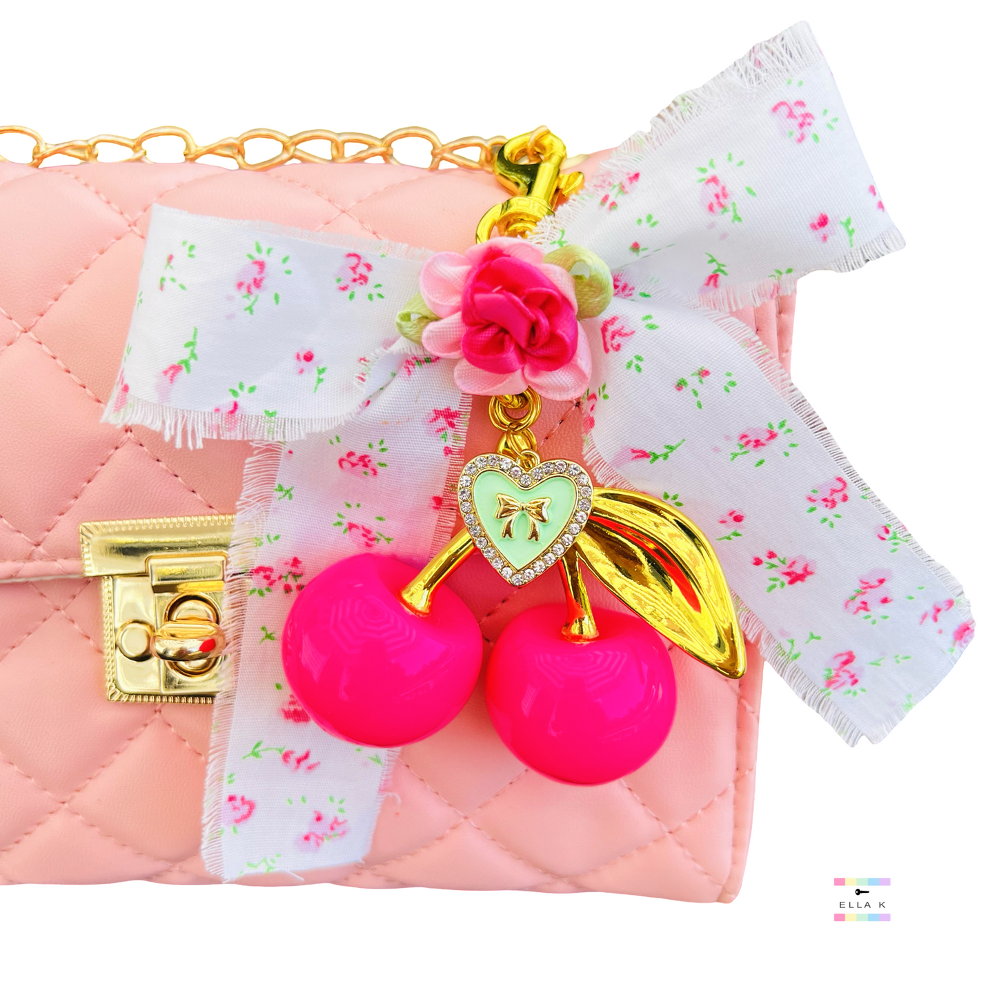 Pink Flora Coquette Bow Cherry Bag Charm