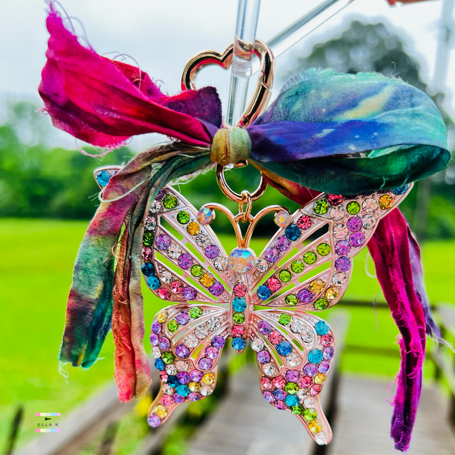 Watercolor Rainbow Rhinestone Butterfly Bag Charm