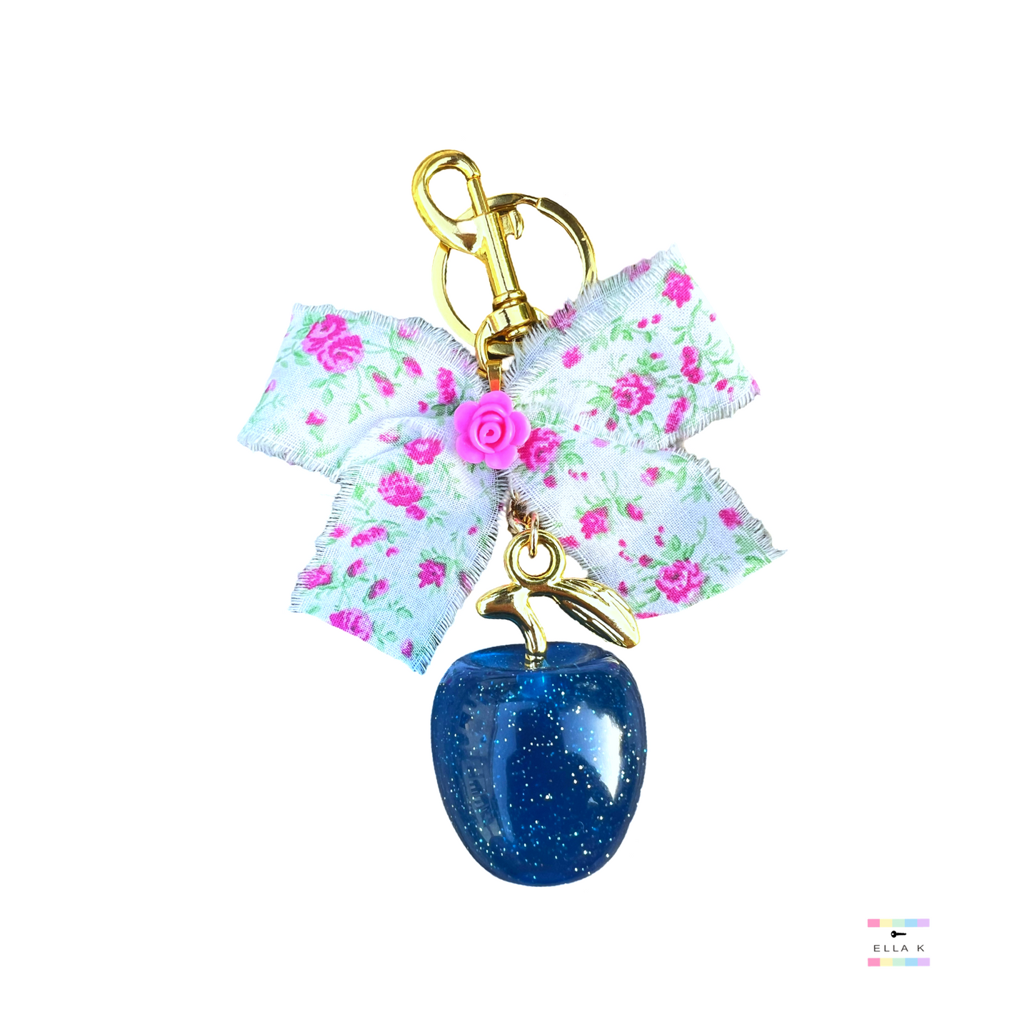 Pink Floral Rose Coquette Bow Blue Apple Bag Charm