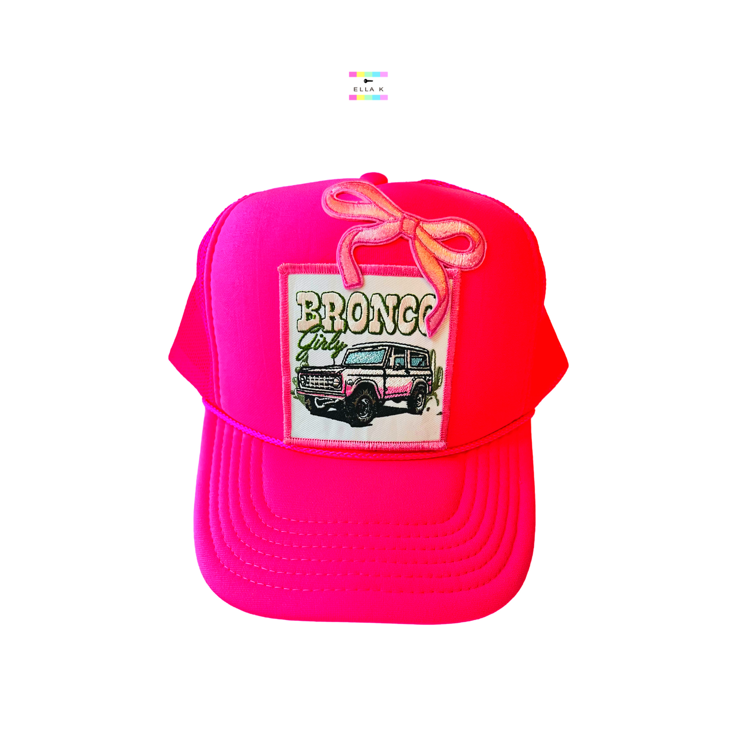 Bronco Girly Coquette Bow Neon Pink Trucker Hat
