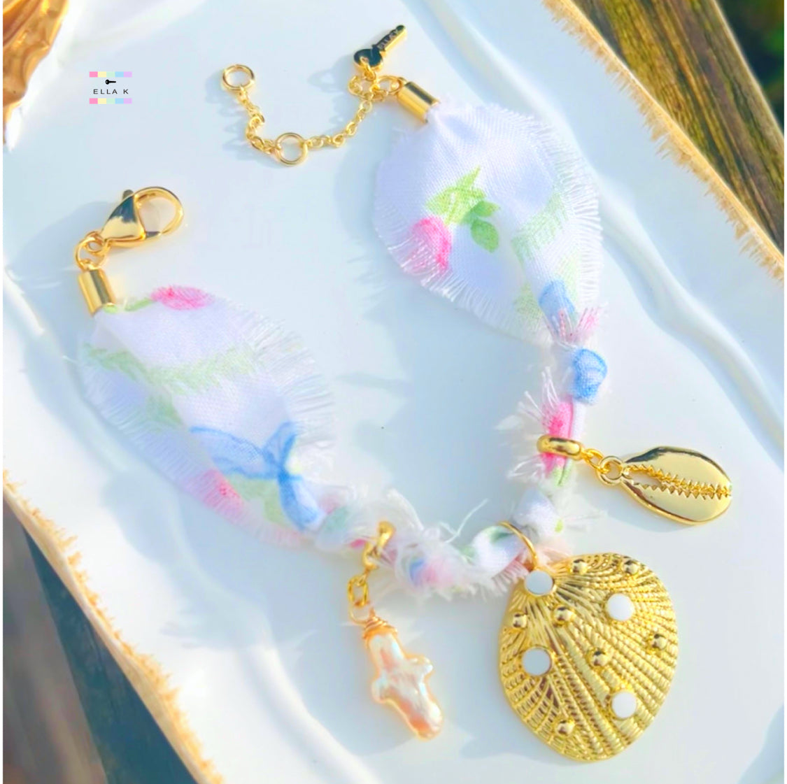 Coral Floral Coquette Bow Charm Bracelet