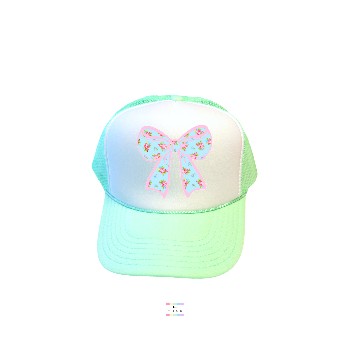 Blue Floral Coquette Bow Trucker Hat