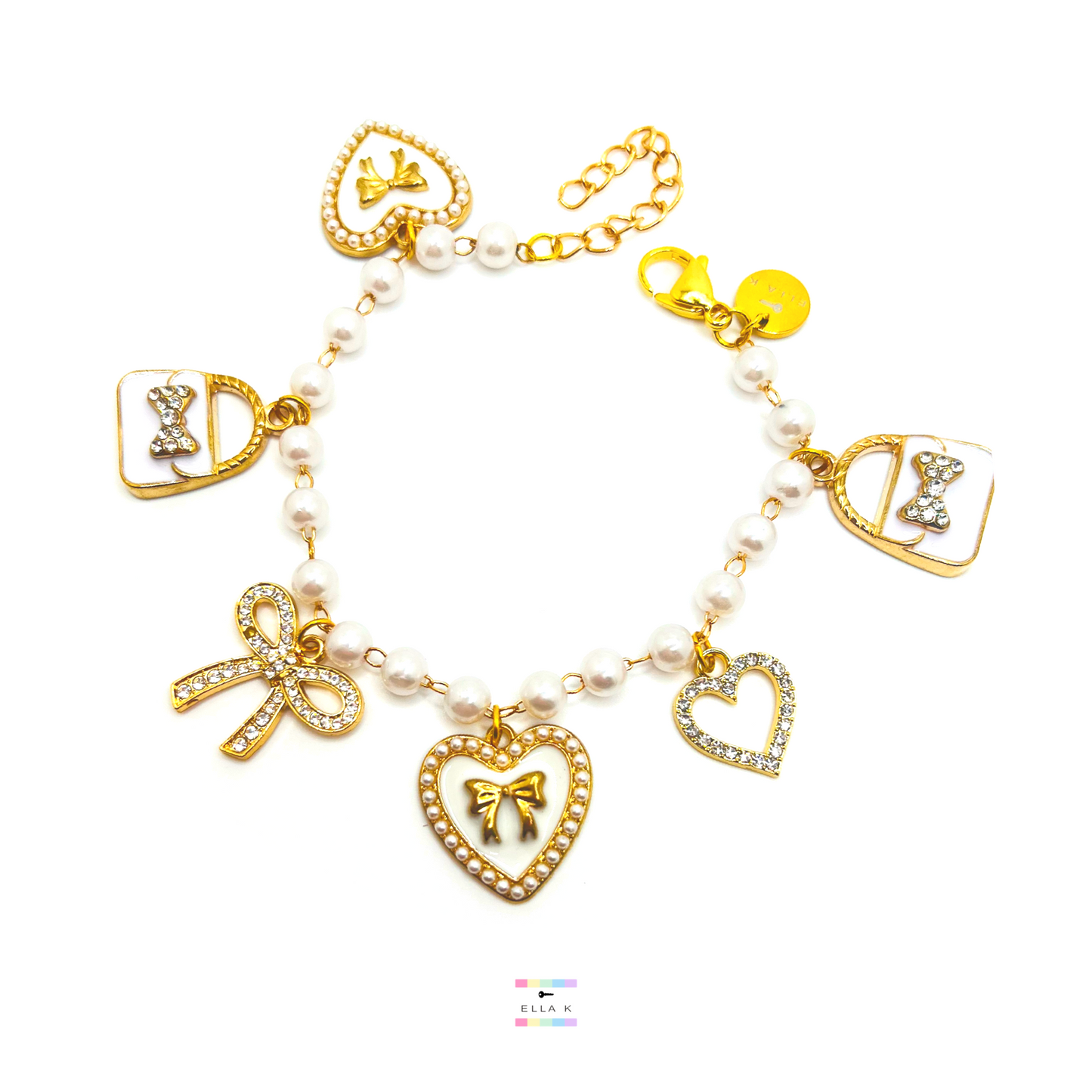 Faux Pearl Coquette Bow Rhinestone Charm Bracelet