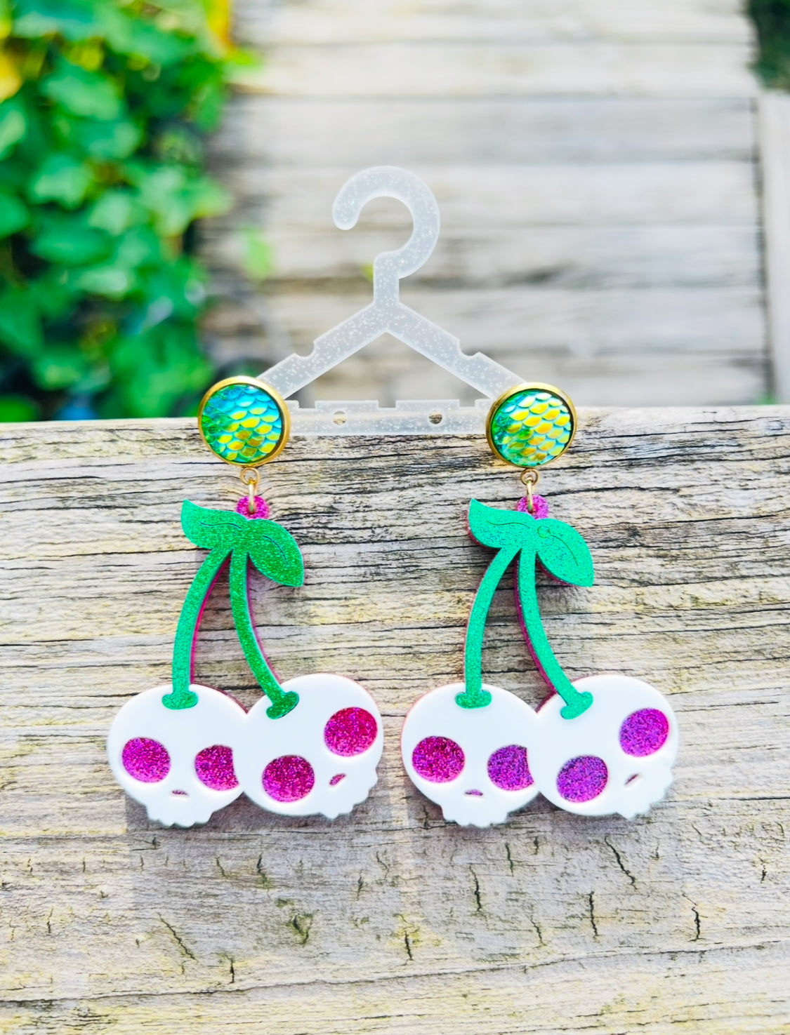 Cherry Sugar Skull Mermaid Scale Earrings