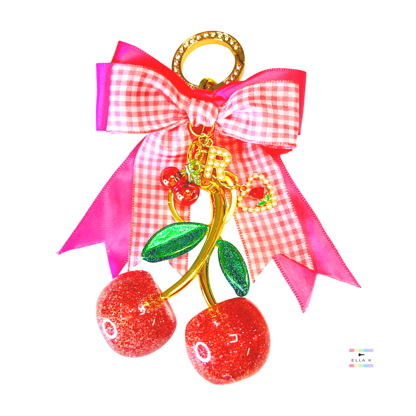 Coquette Bow Faux Pearl Initial Cherry Bag Charm