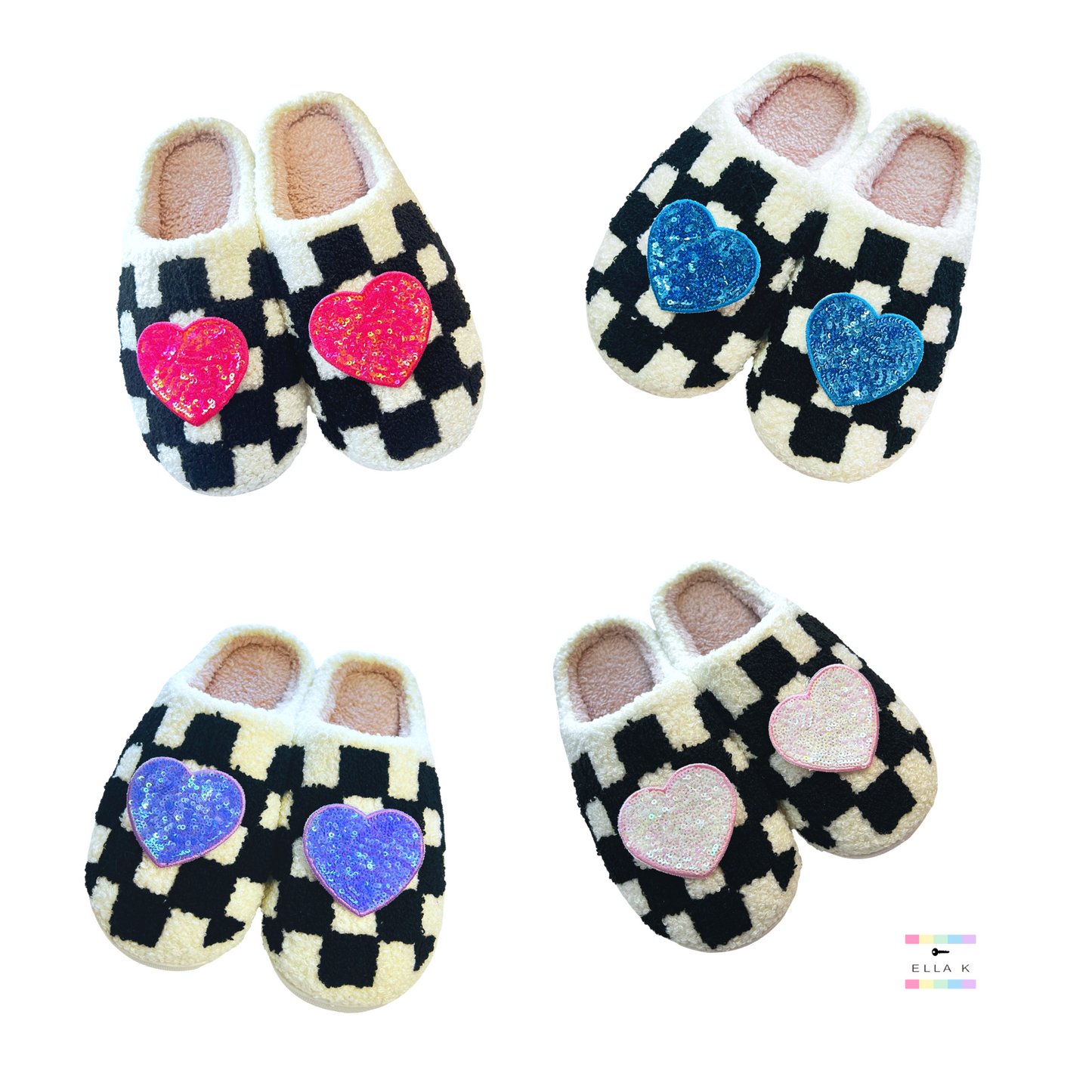 Sequin Heart Checkered House Slippers