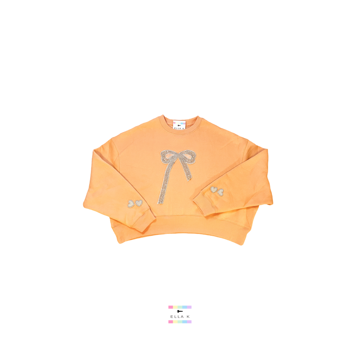 Rhinestone & Pearl Embellished Coquette Bow Cropped Peach Pullover