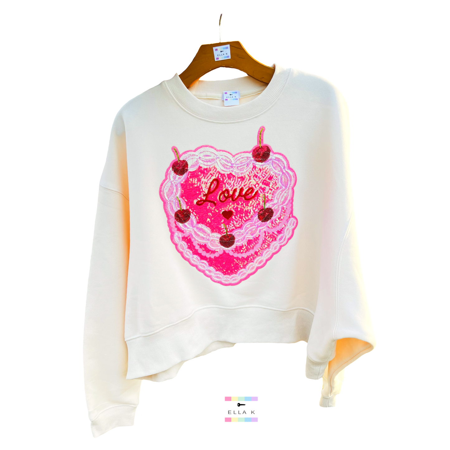 Lace Cherry Heart Cake Cropped Cream Pullover