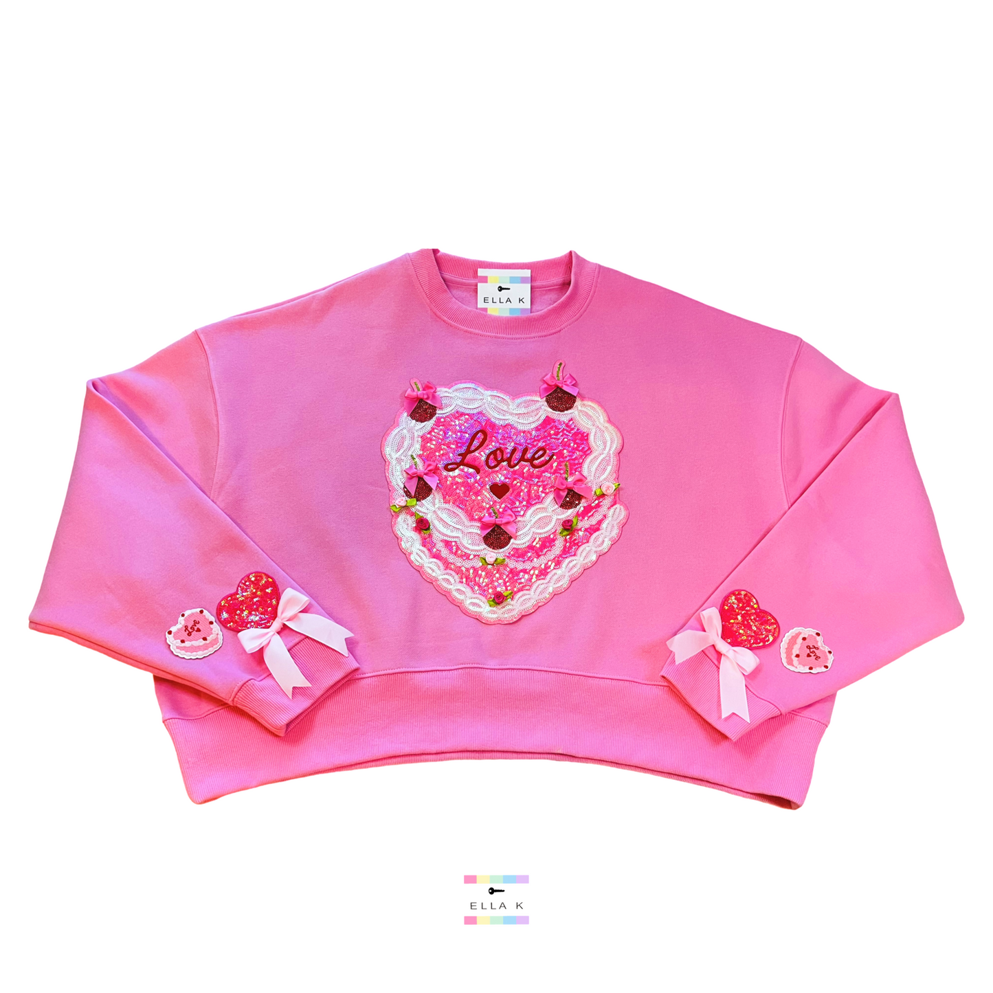 Coquette Bow Lace Cherry Heart Cake Cropped Pink Pullover