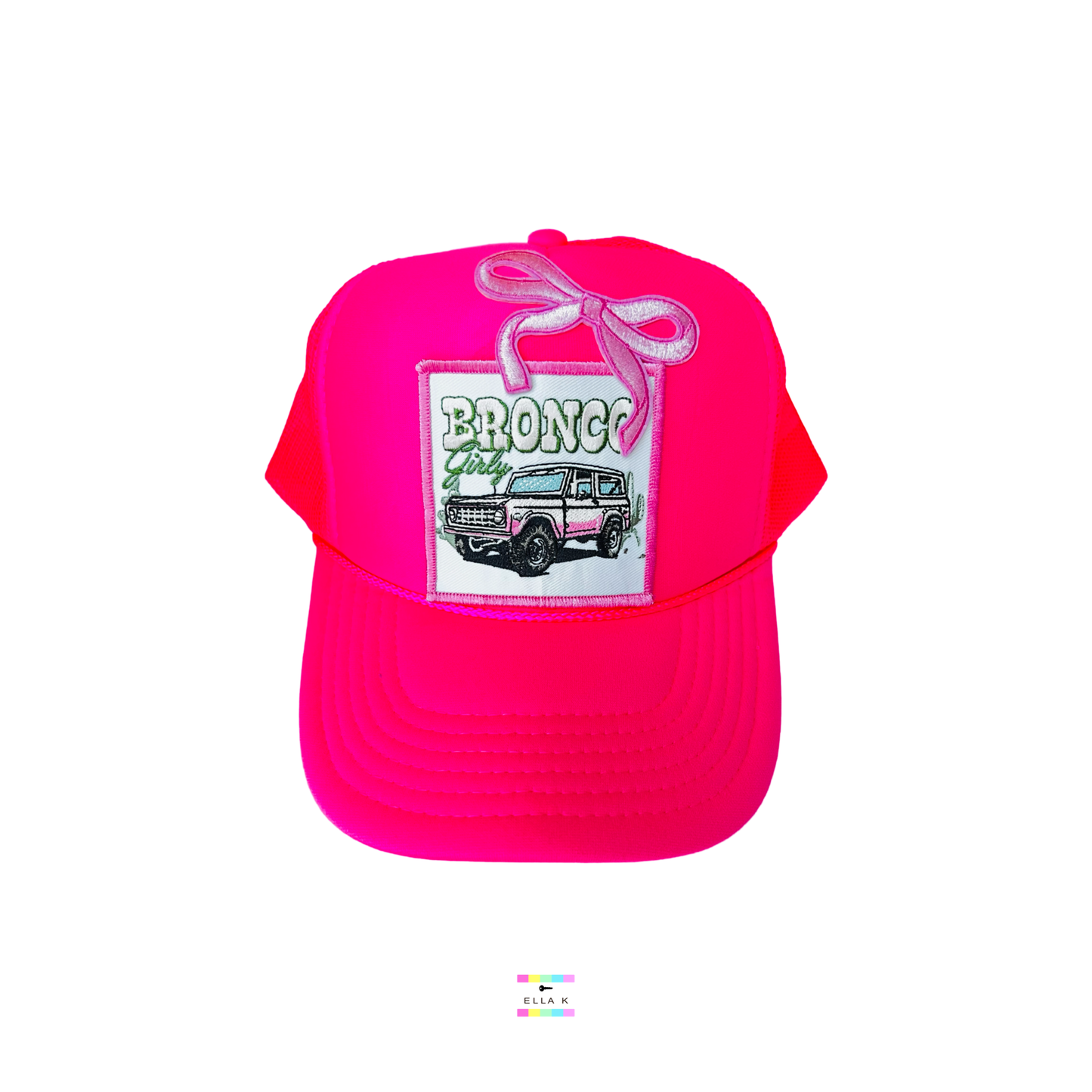 Bronco Girly Coquette Bow Neon Pink Trucker Hat