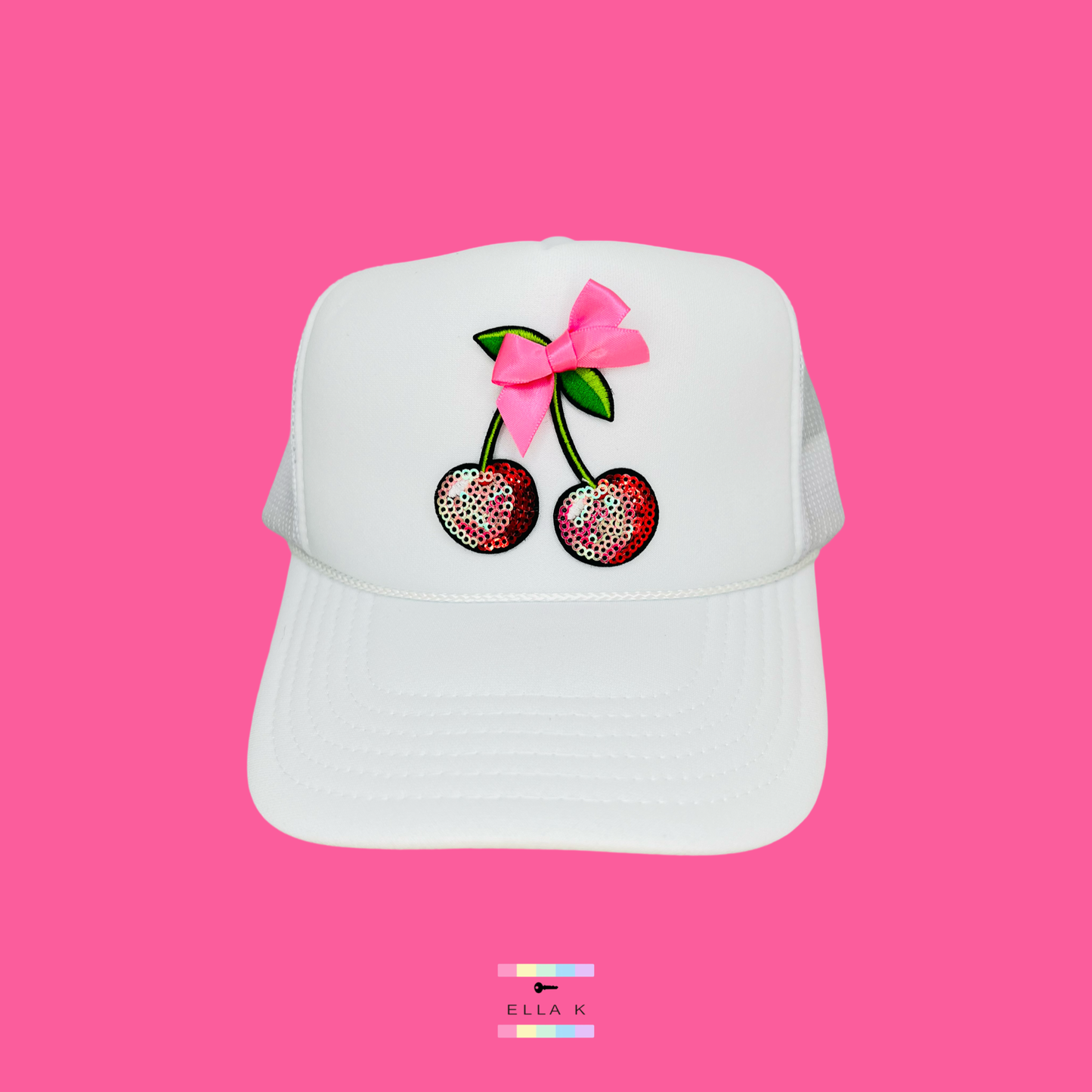 Coquette Bow & Sequin Cherrries White Trucker Hat