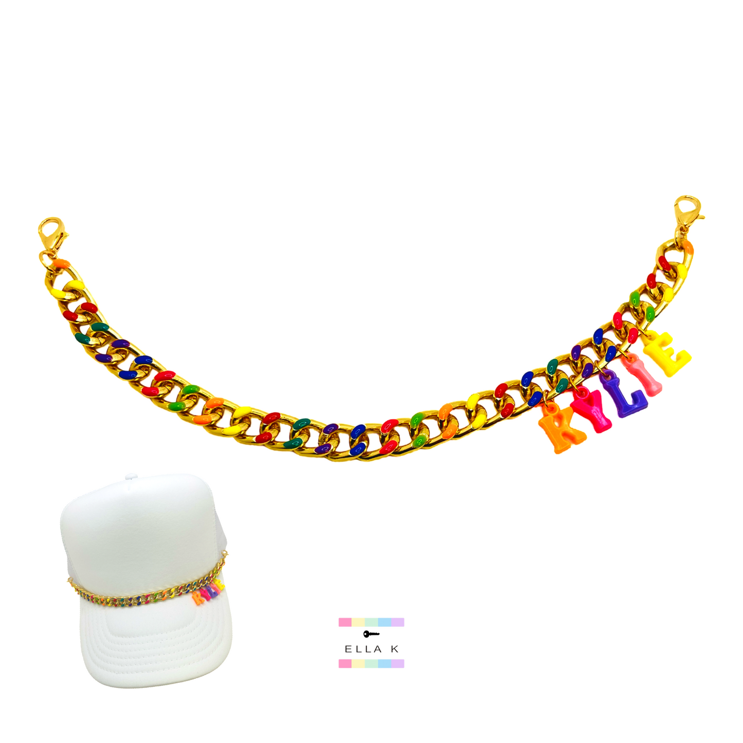 Custom Name Rainbow Enamel Gold Trucker Hat Chain