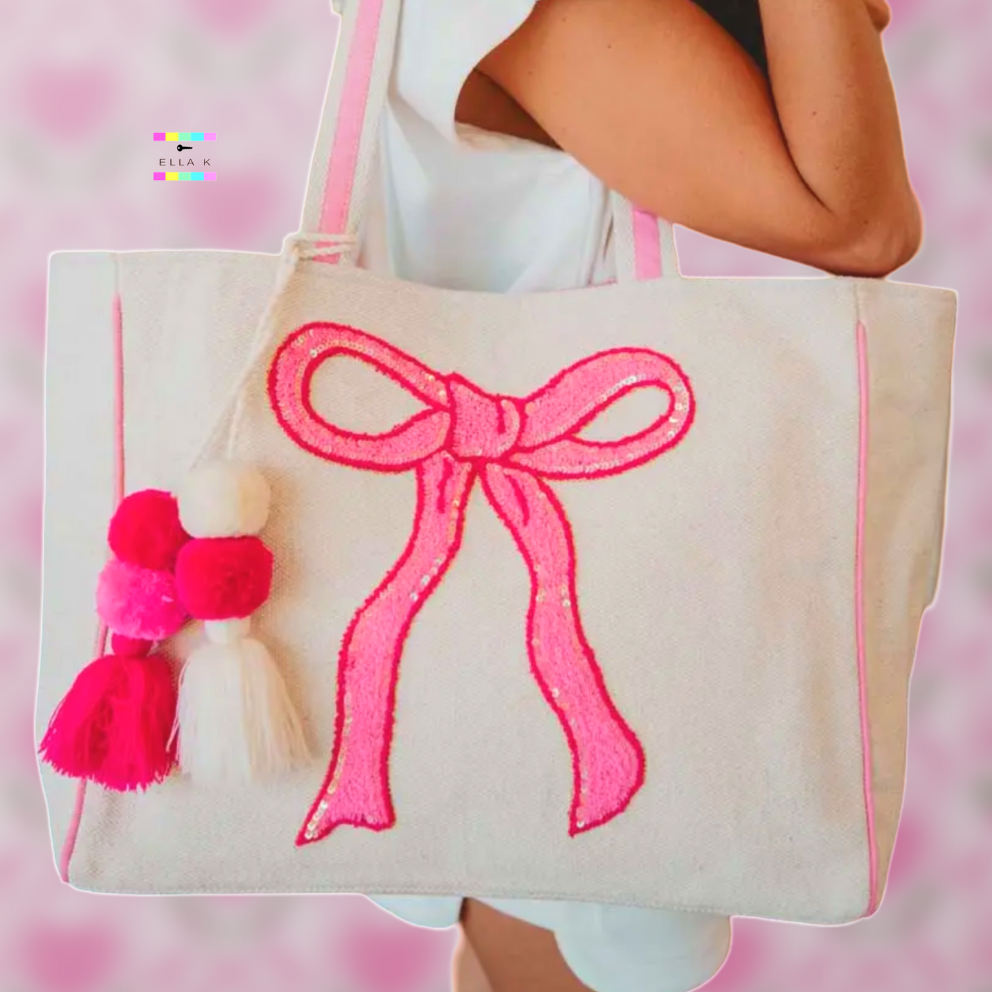Coquette Bow Pink Sequin Canvas Tote