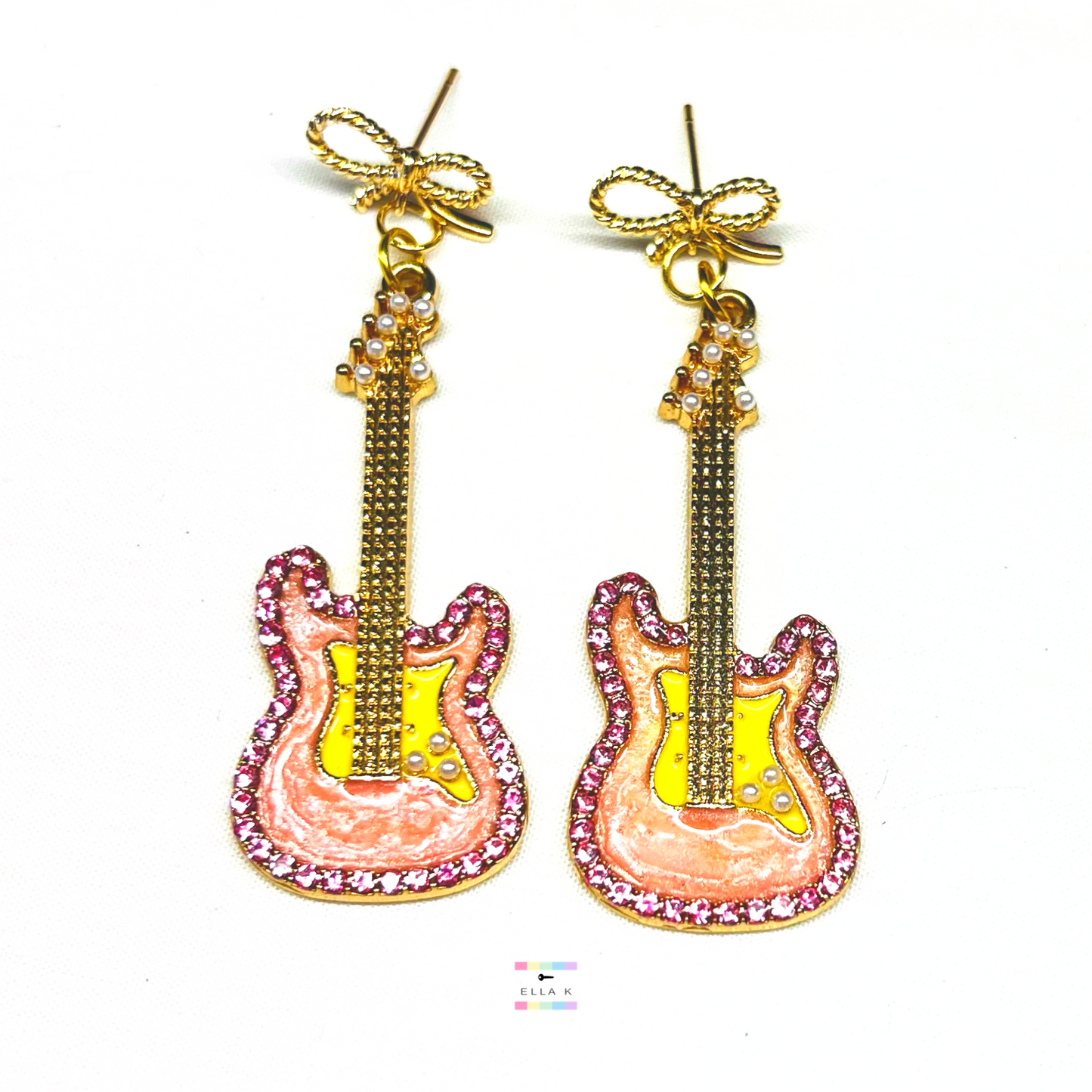Rhinestone Guitar Coquette Bow Earrings