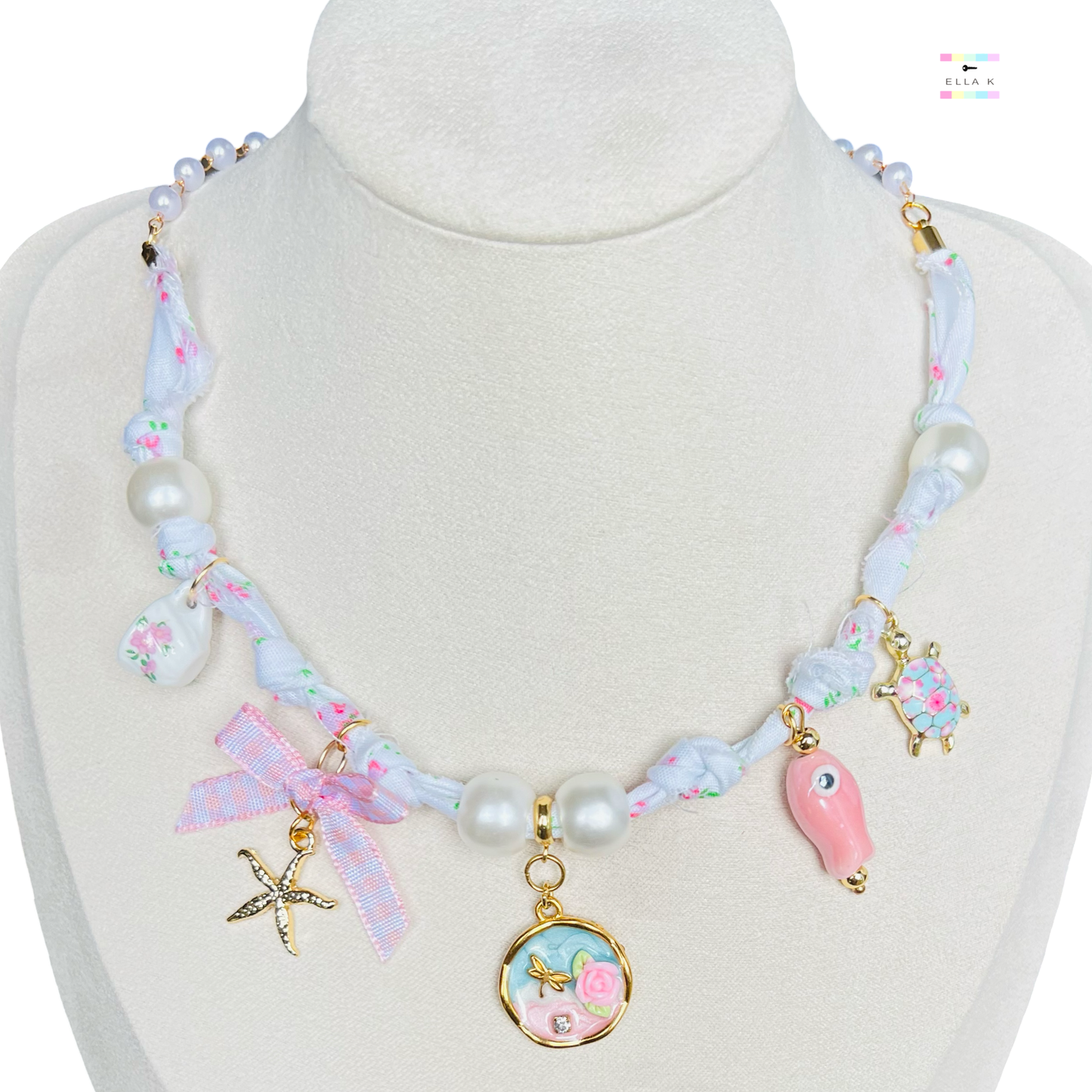 Coquette Garden Mermaid Tea Party Floral Fabric Charm Necklace