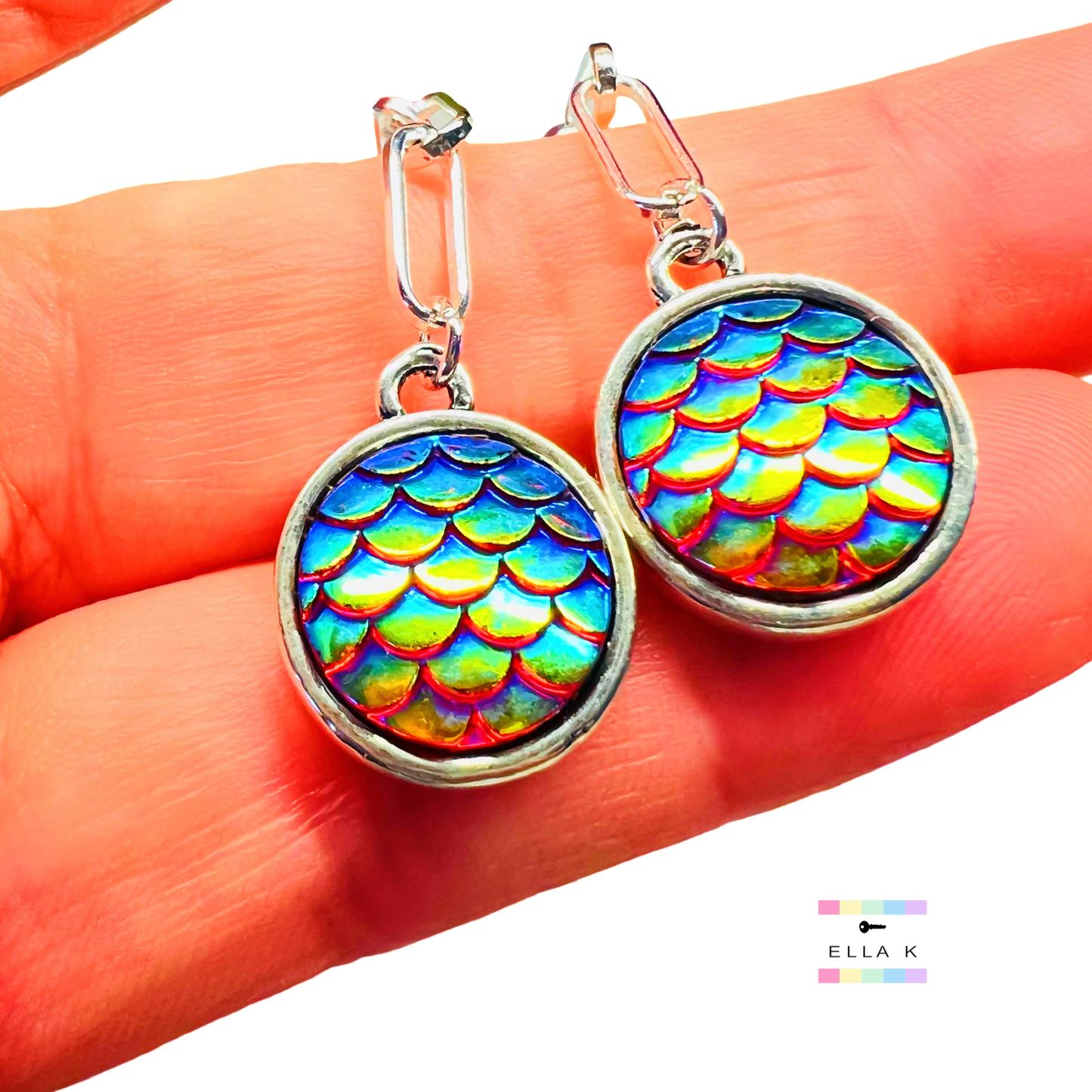 Mermaid Scale Silver Paperclip Dangle Earrings