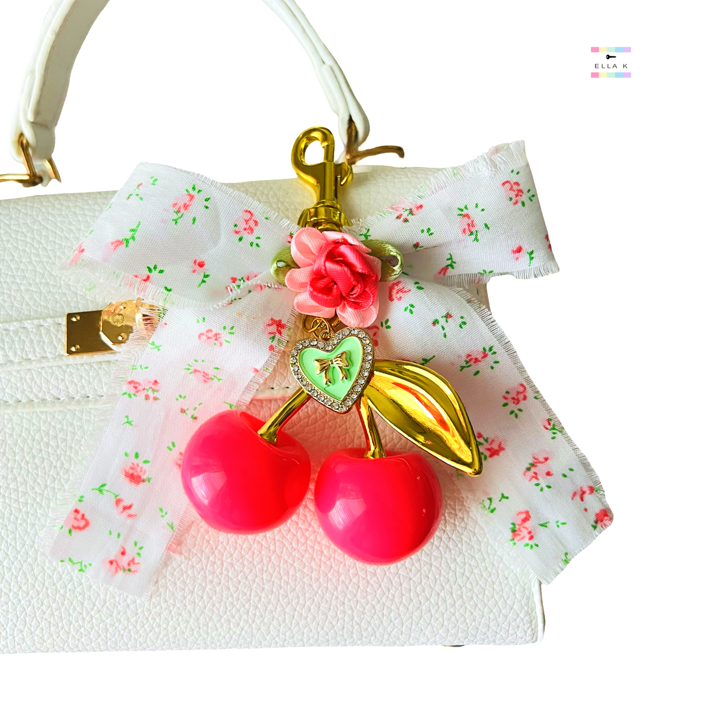 Pink Flora Coquette Bow Cherry Bag Charm