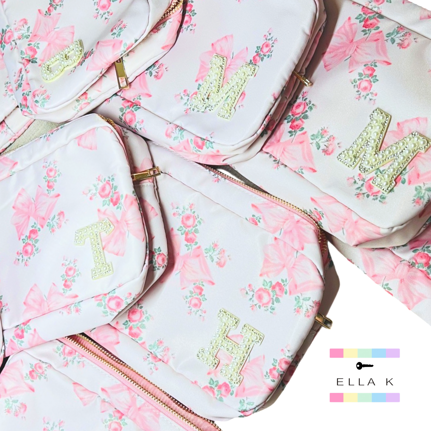 Custom Pearl Letter Floral Bow Makeup Bag