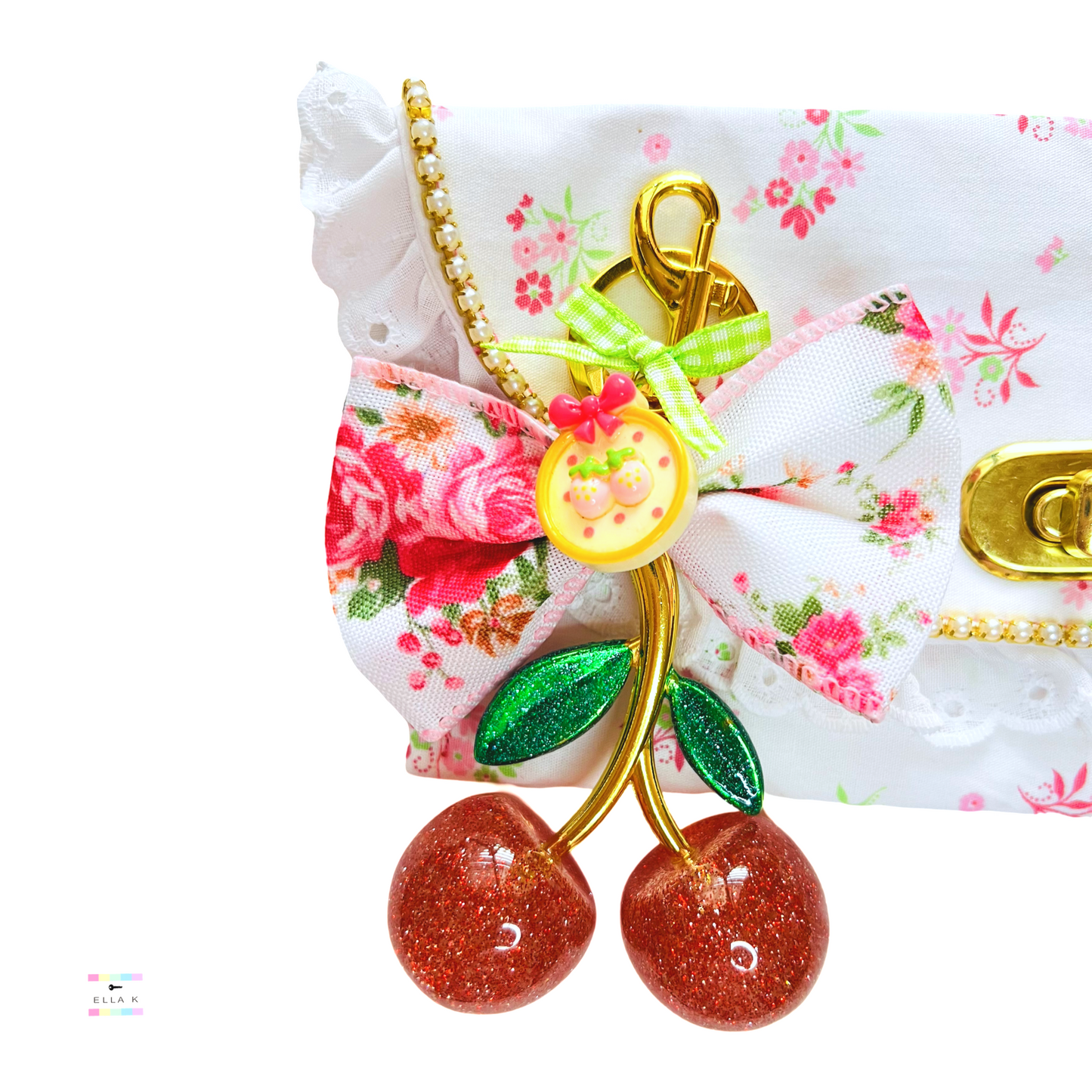 Pink Floral Coquette Bow Strawberry Button Cherry Bag Charm