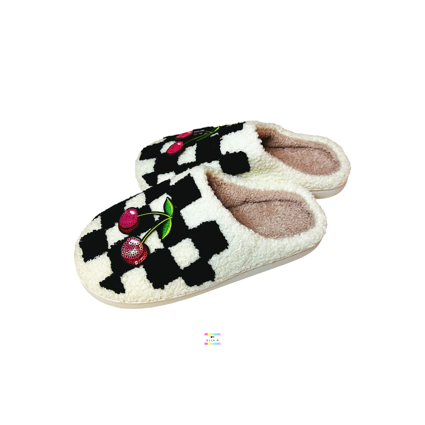 Sequin Cherry Patch Checkered House Slippers