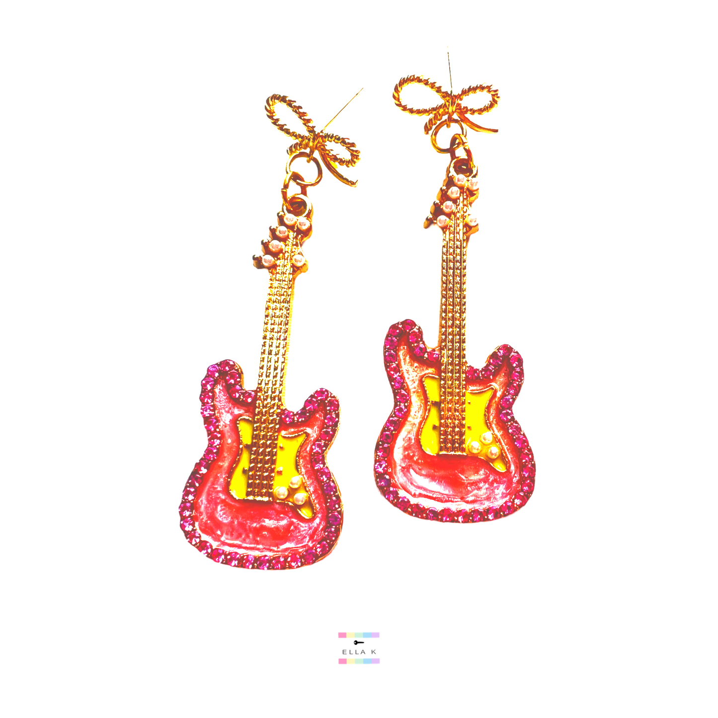 Rhinestone Guitar Coquette Bow Earrings