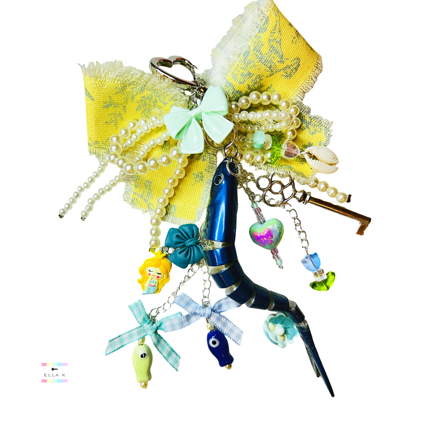 Blue Toile Fancy Fish Coquette Bow Bag Charm