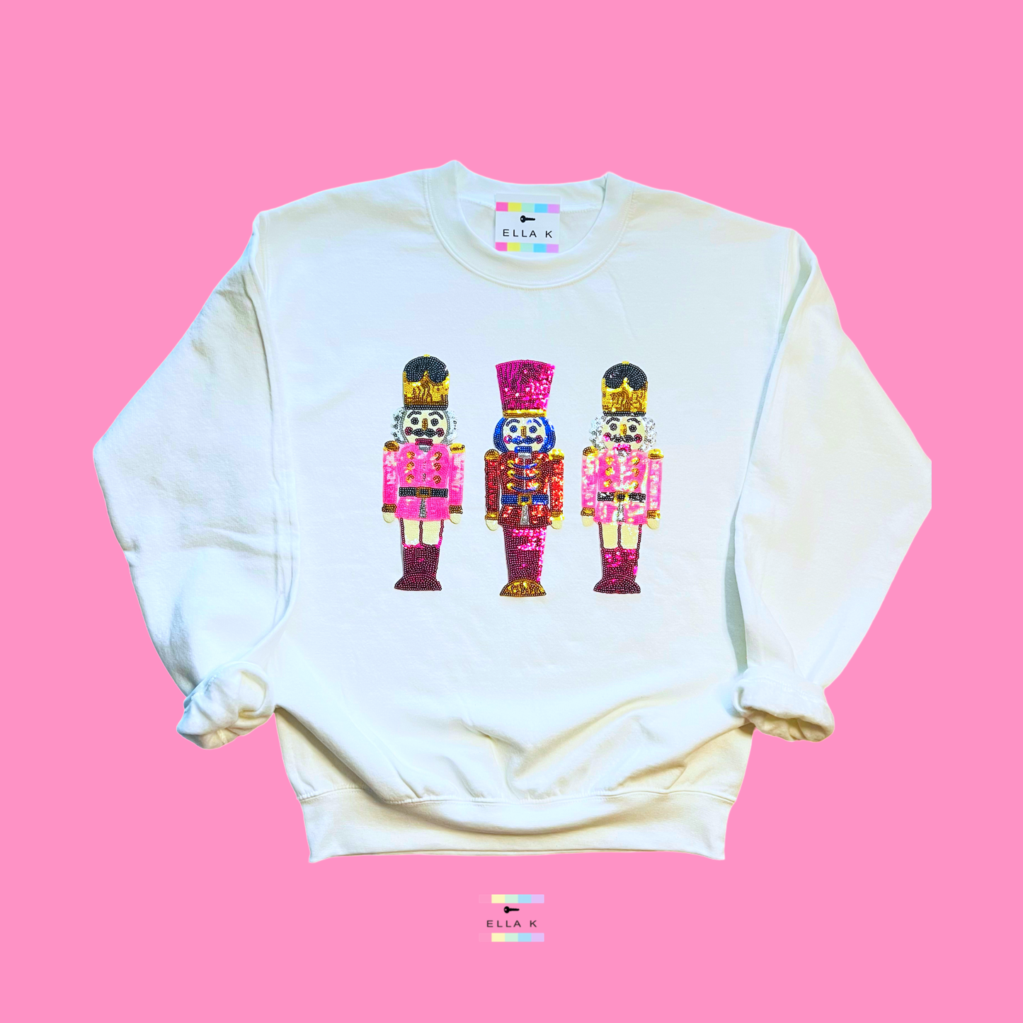 Pink Sequin Nutcracker White Christmas Pullover