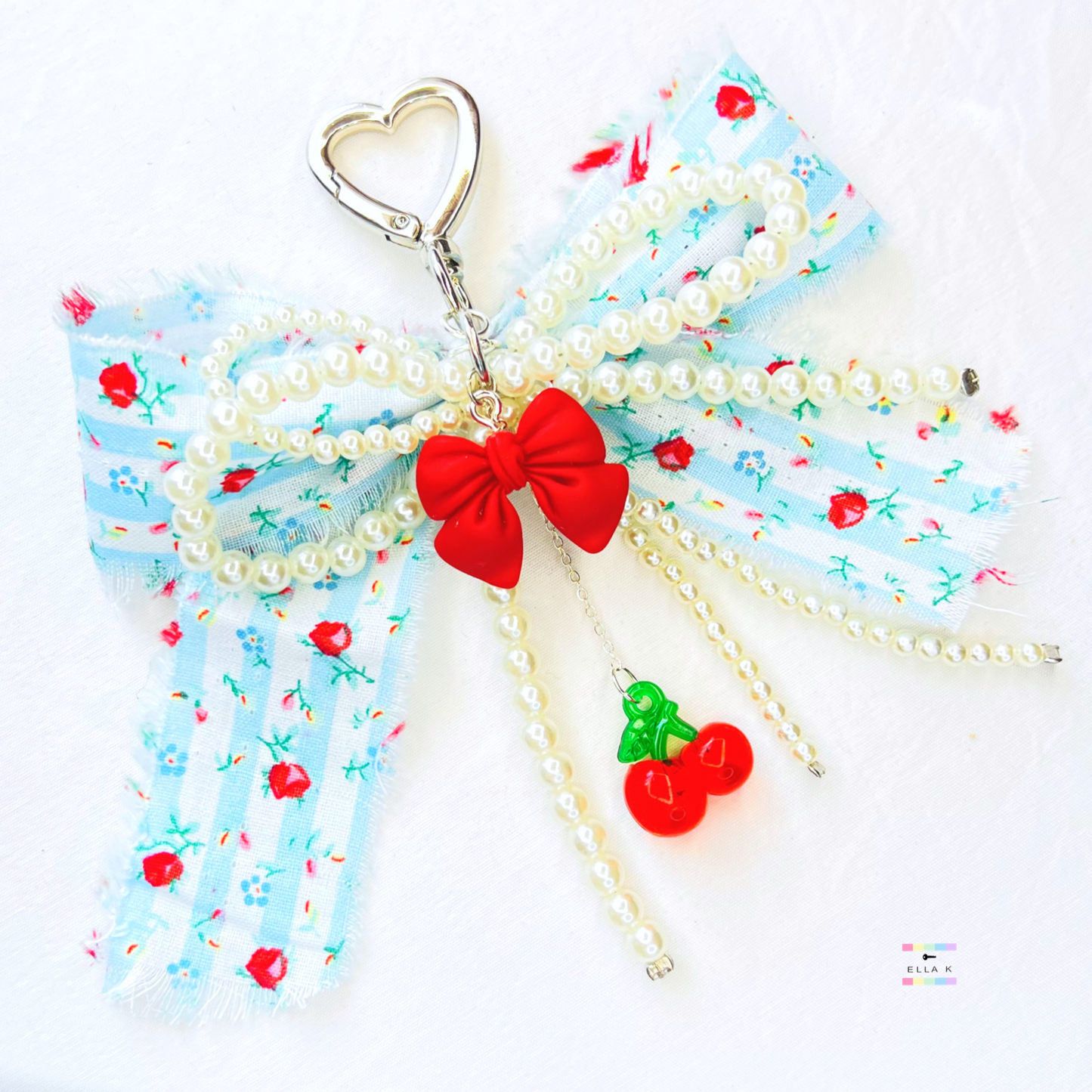 Faux Pearl Floral Rose Coquette Bow Cherry Bag Charm