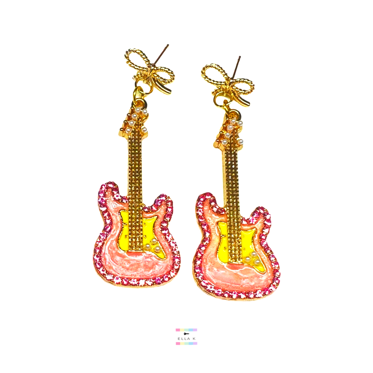 Rhinestone Guitar Coquette Bow Earrings