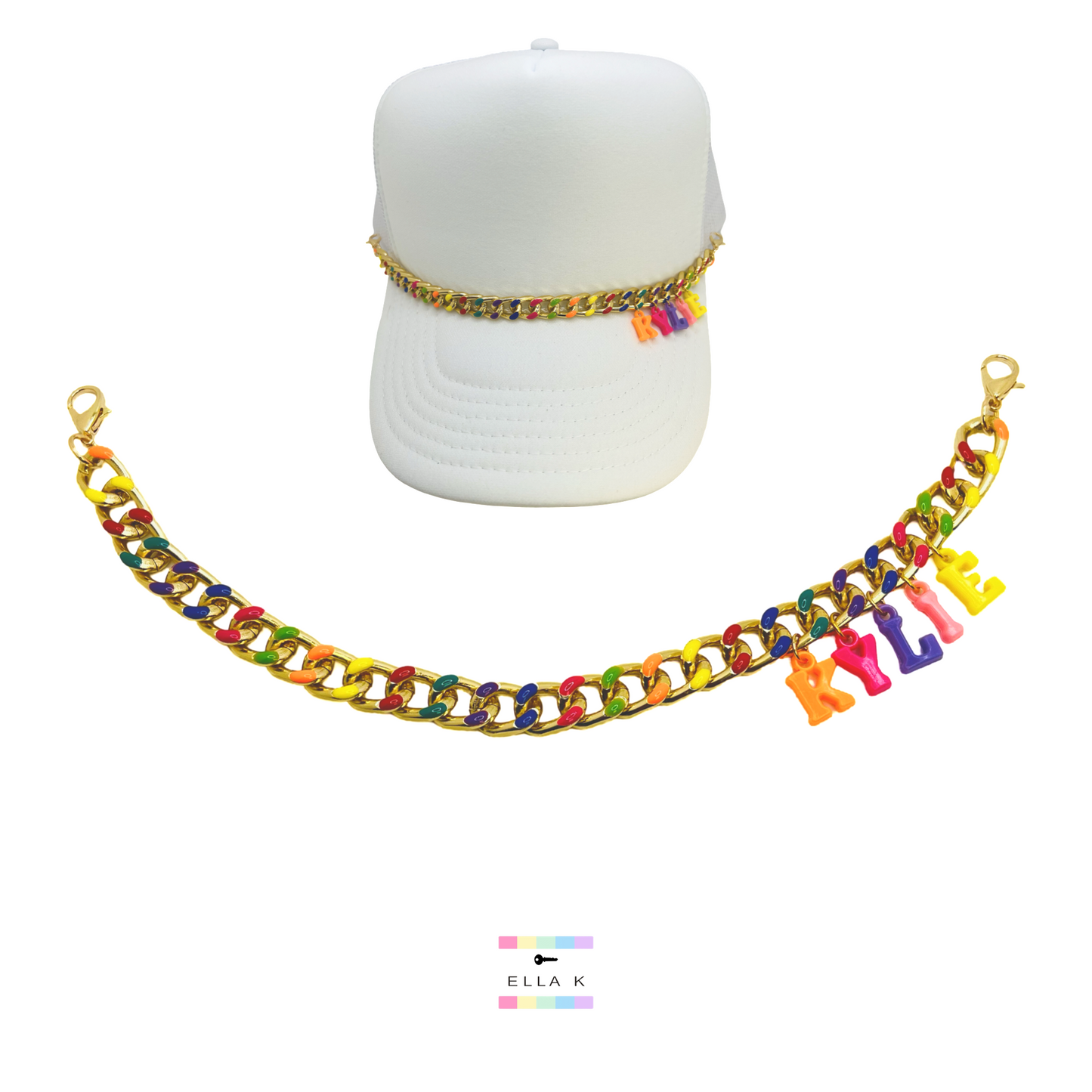 Custom Name Rainbow Enamel Gold Trucker Hat Chain