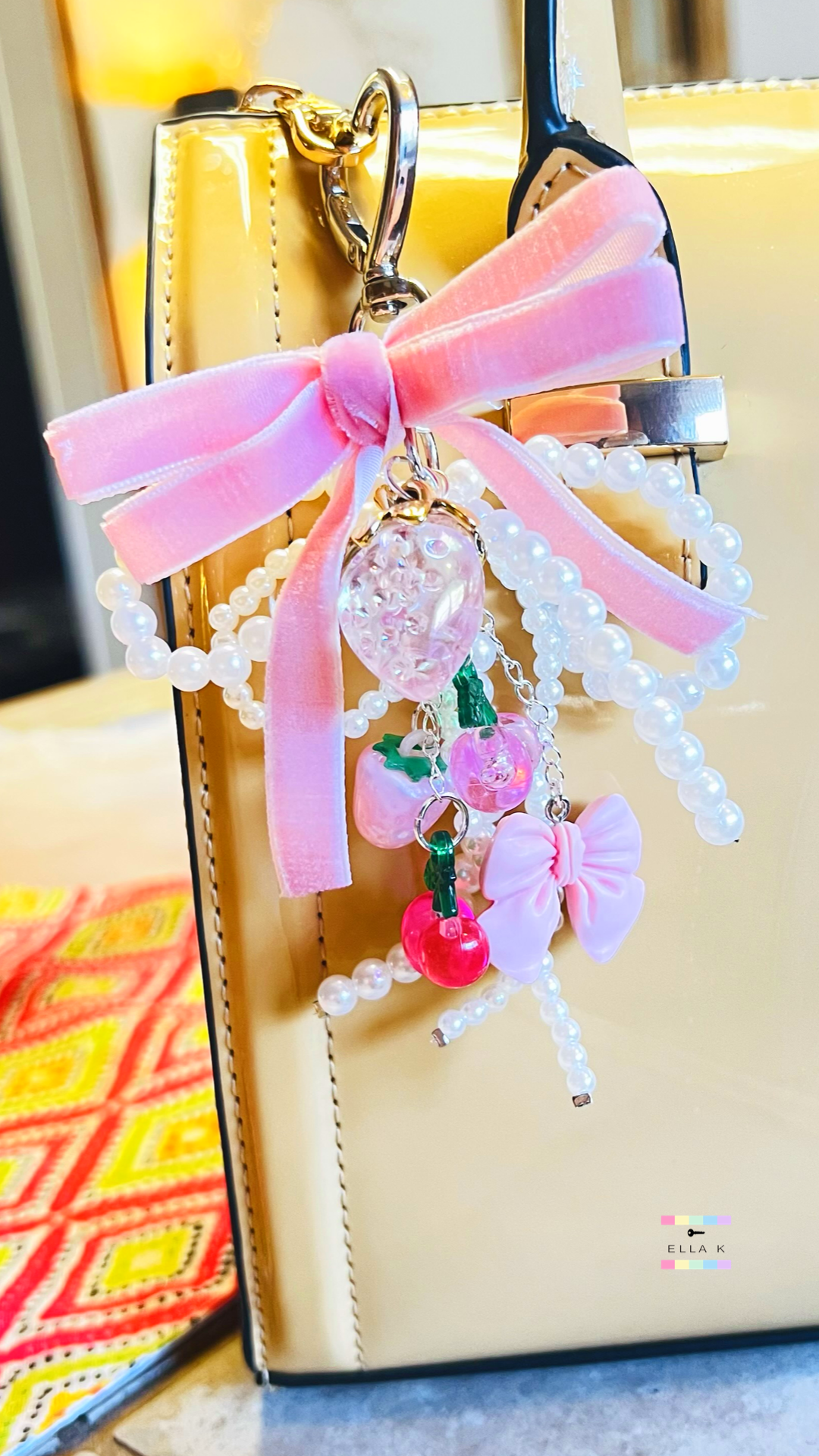 Faux Pearl Pink Velvet Coquette Bow Bag Charm