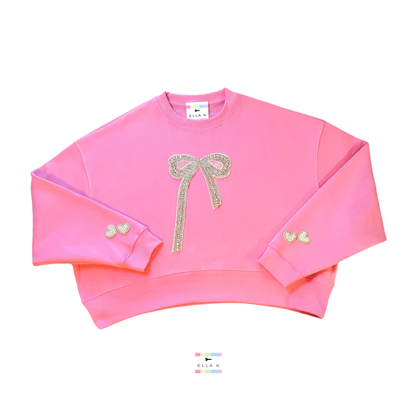 Rhinestone & Pearl Embellished Coquette Bow Cropped Pink Pullover
