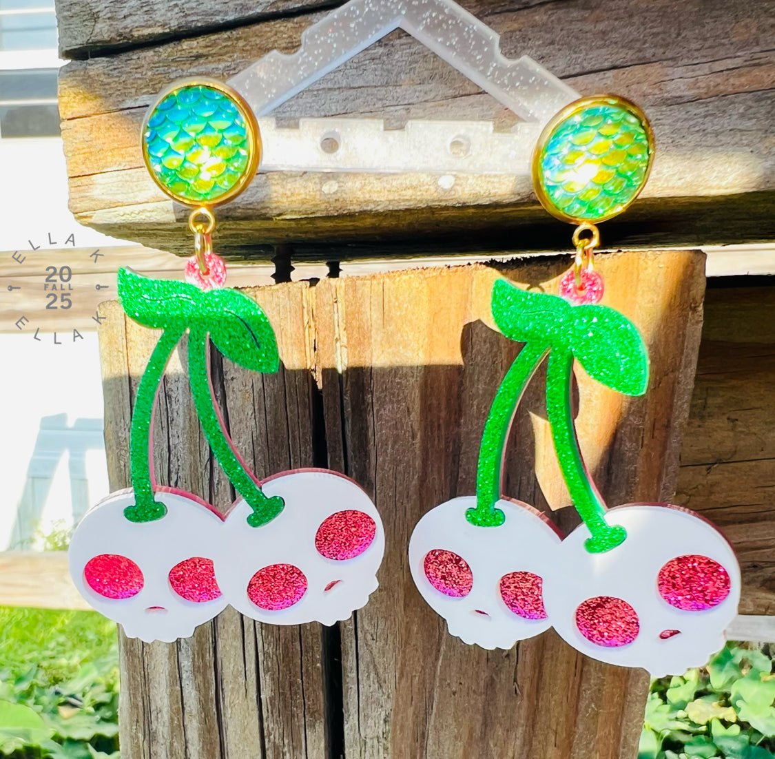 Cherry Sugar Skull Mermaid Scale Earrings