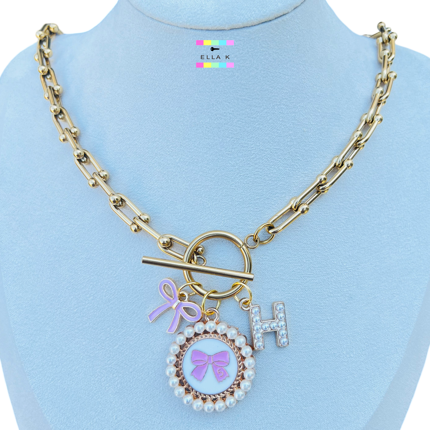 Coquette Bow Faux Pearl Initial Charm Horseshoe Necklace