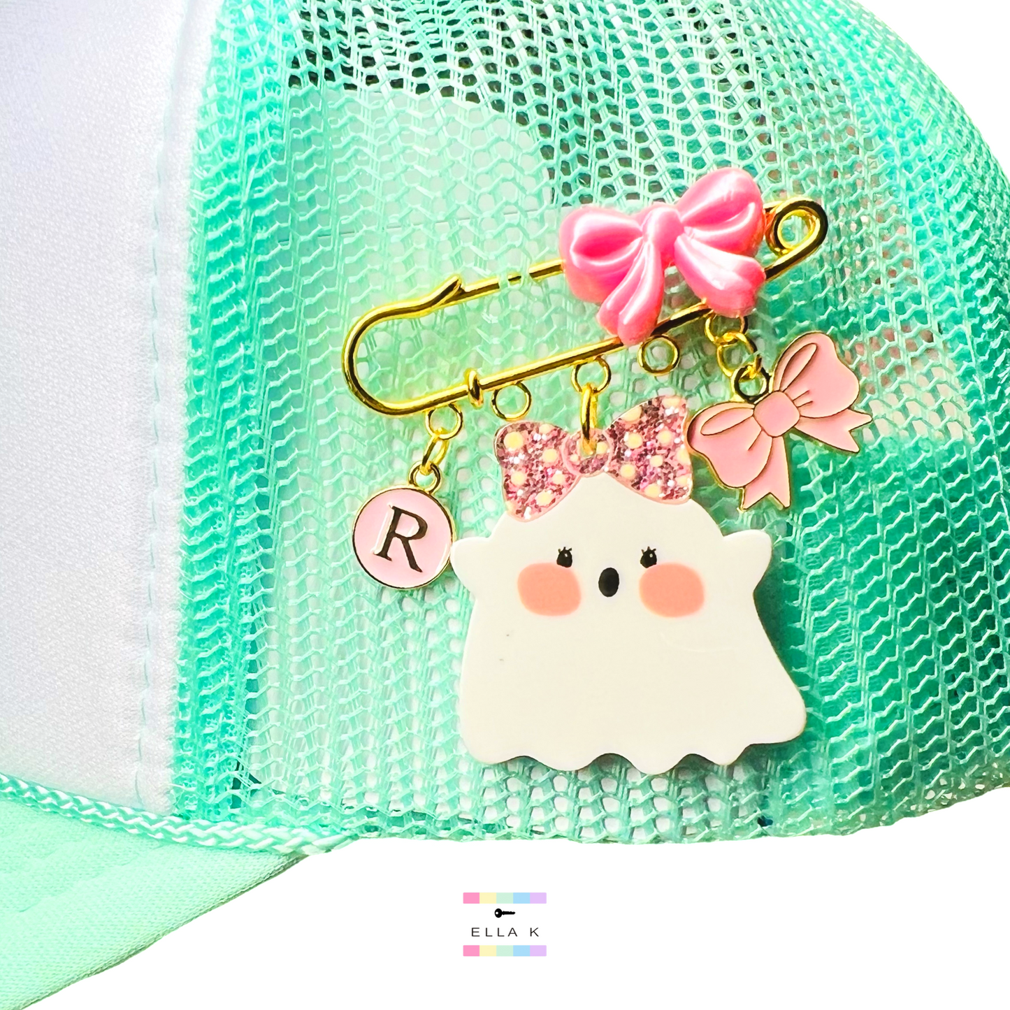 Cute Ghost Coquette Bow Custom Initial Trucker Hat Pin