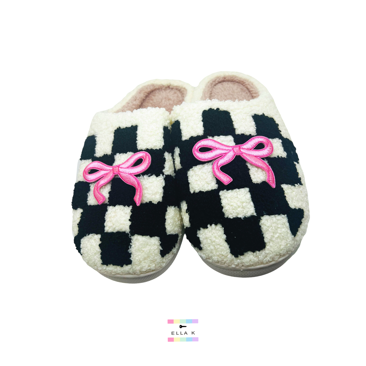 Coquette Bow Patch Checkered House Slippers