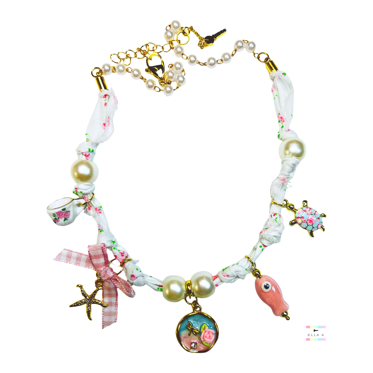 Coquette Garden Mermaid Tea Party Floral Fabric Charm Necklace