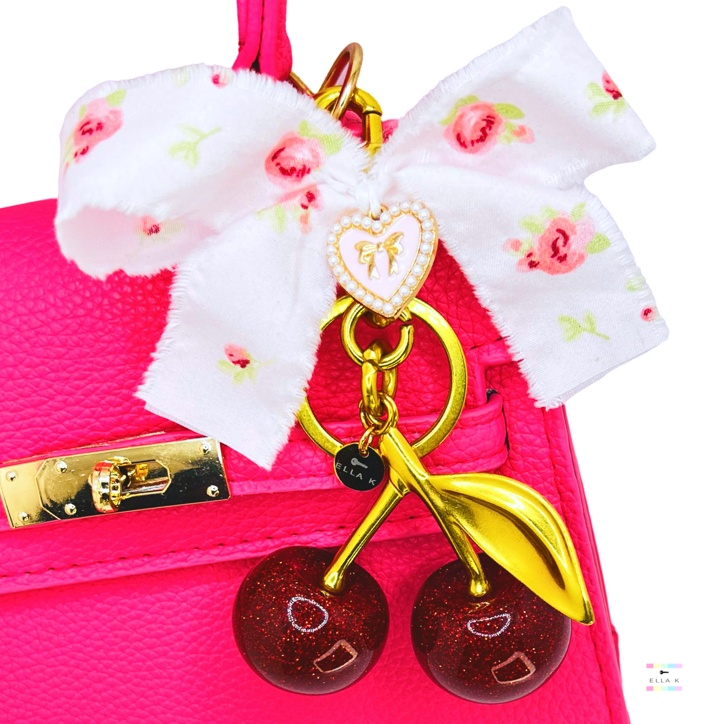Handmade Floral Coquette Bow XL Cherry Bag Charm