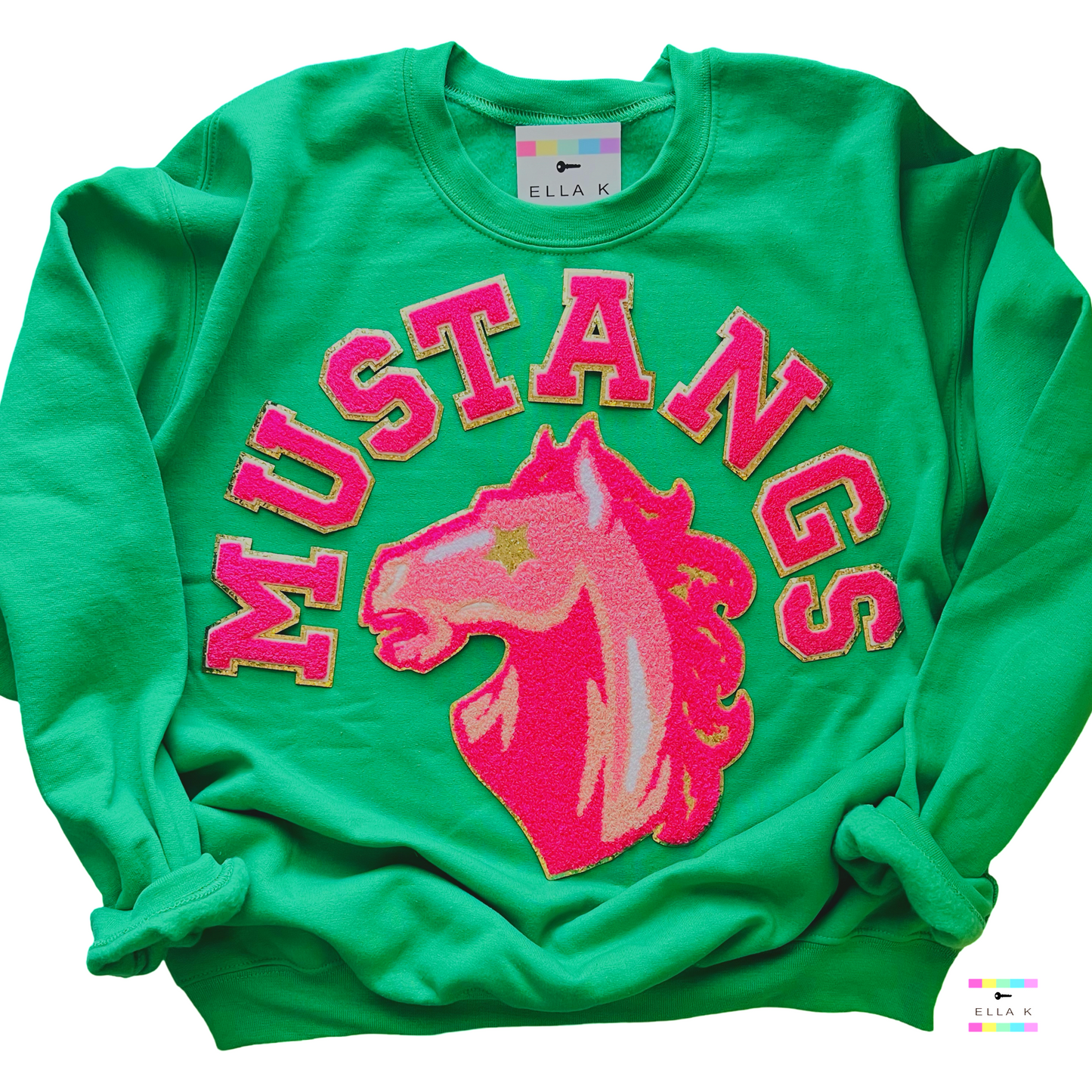 West Jones Mustangs Preppy Pink Varsity Sweatshirt - Irish Green