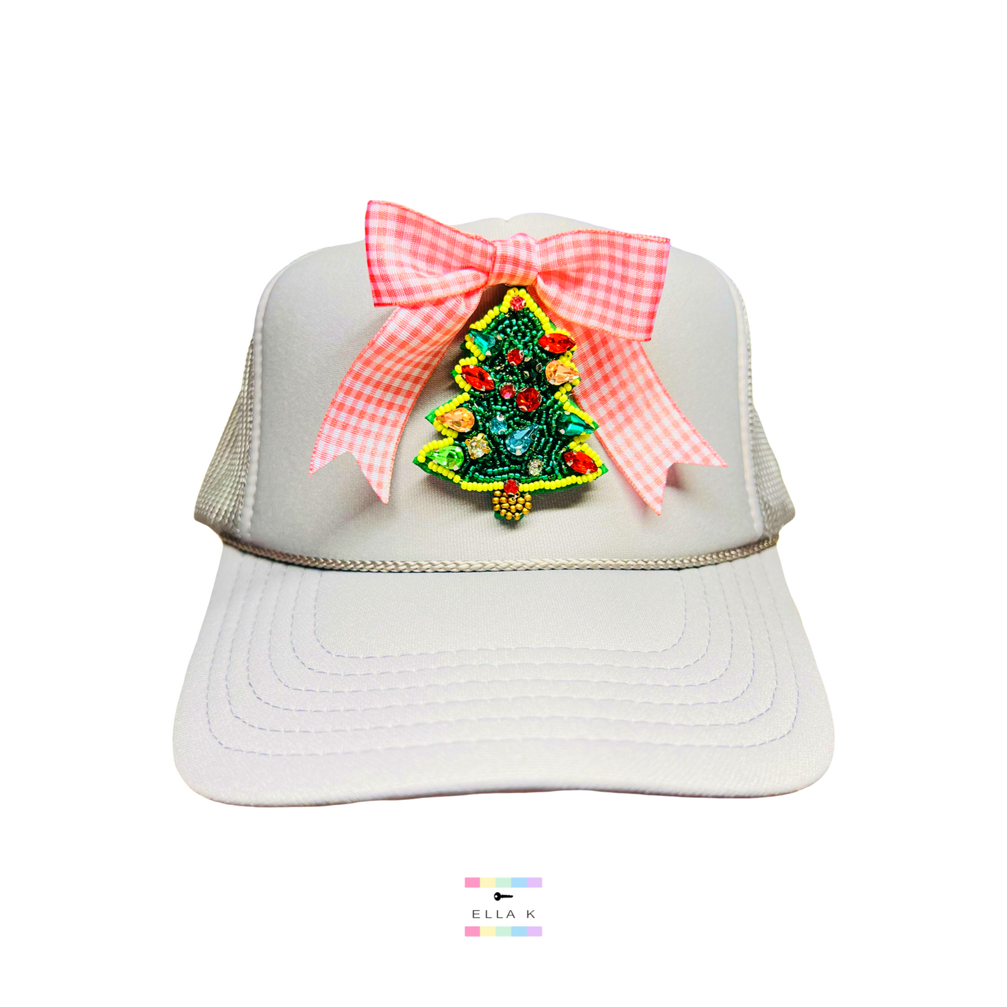 Beaded Christmas Tree Gingham Coquette Bow Trucker Hat