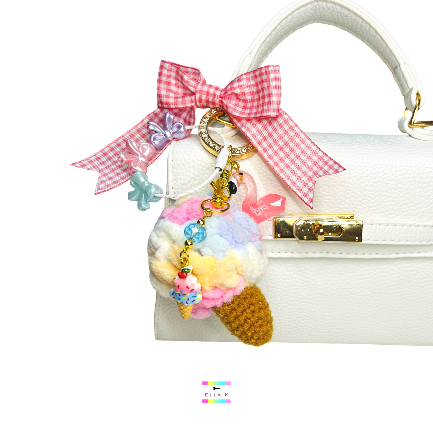 Chenille Ice Cream Cone Plushie Coquette Bow Bag Charm