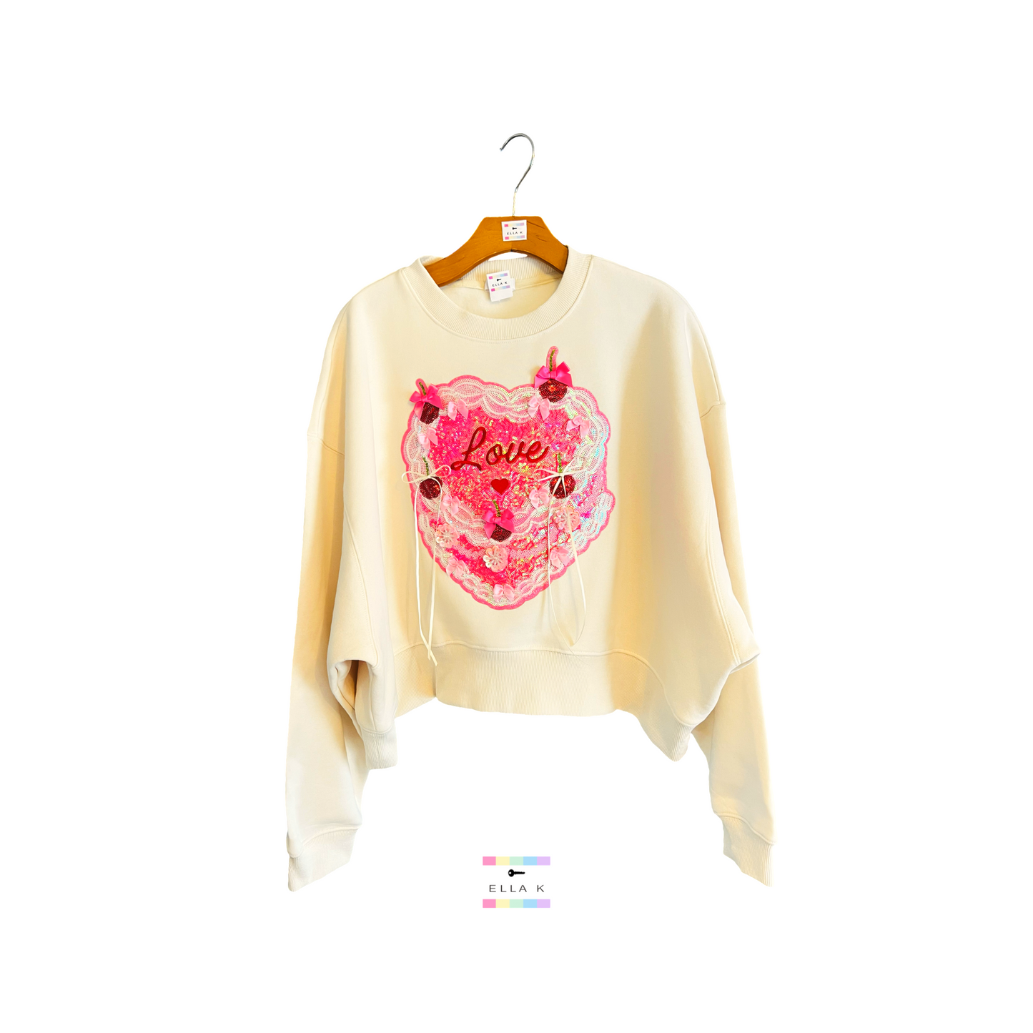 Coquette Bow Lace Cherry Heart Cake Cropped Cream Pullover