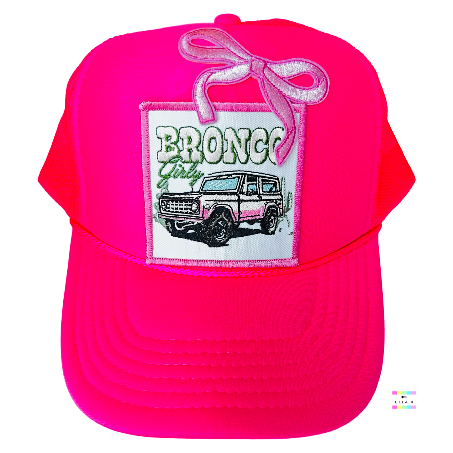 Bronco Girly Coquette Bow Neon Pink Trucker Hat